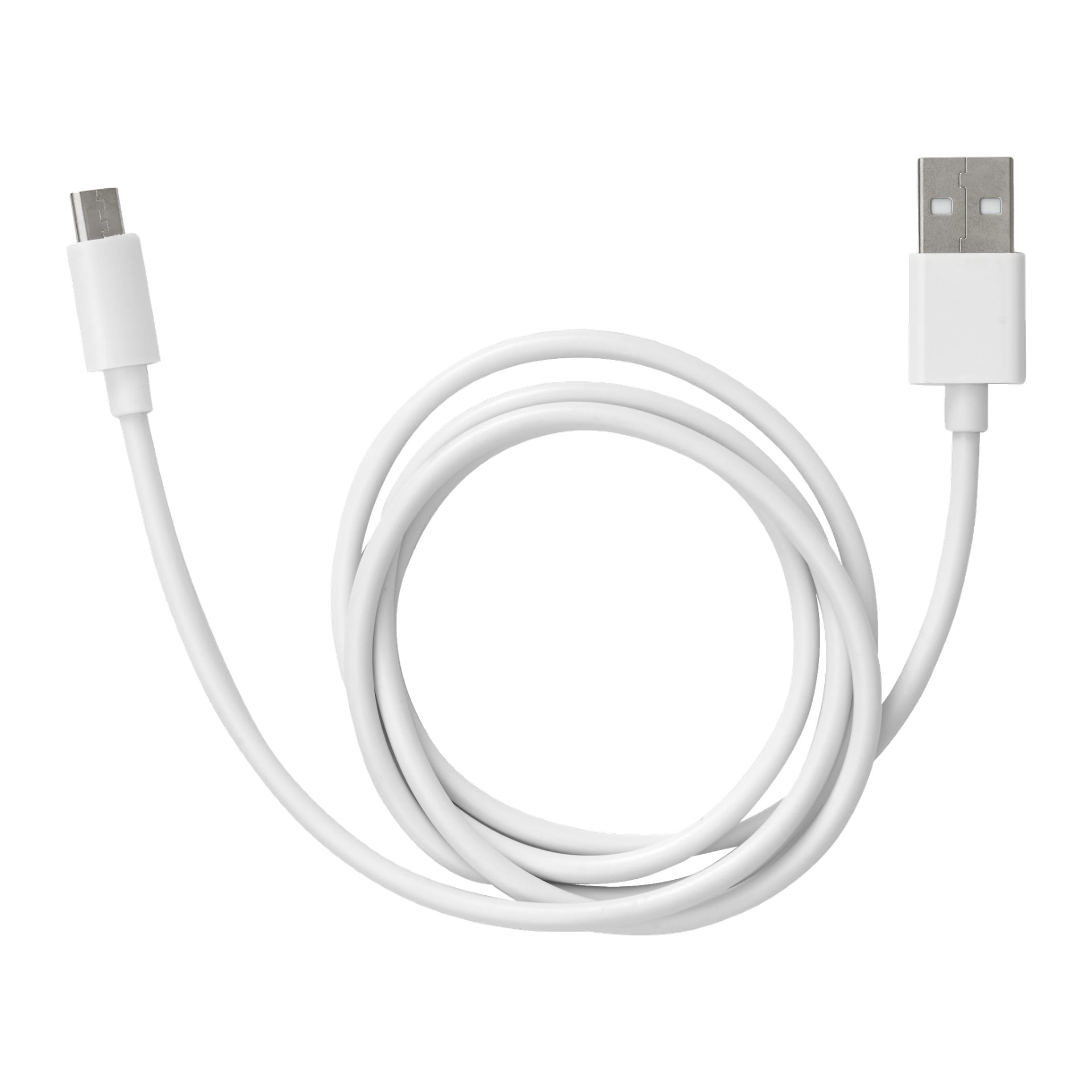 Anslut Charger-kabelen Micro-USB er en hvit USB-A til micro-USB ladekabel, vist løst sammenrullet.