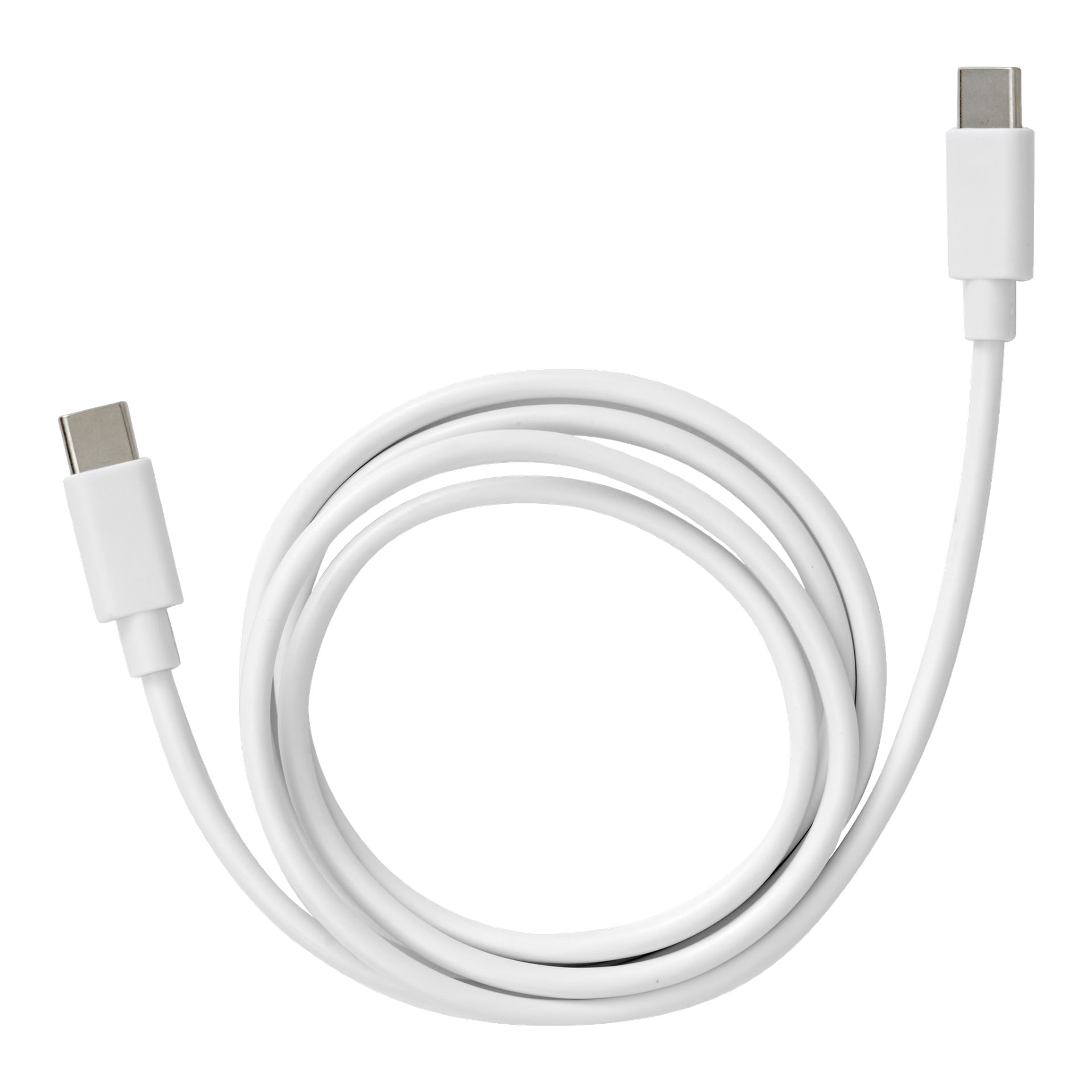 En spiralad Anslut Charger USB-C till USB-C-kabel visas med båda kontakterna tydligt synliga.