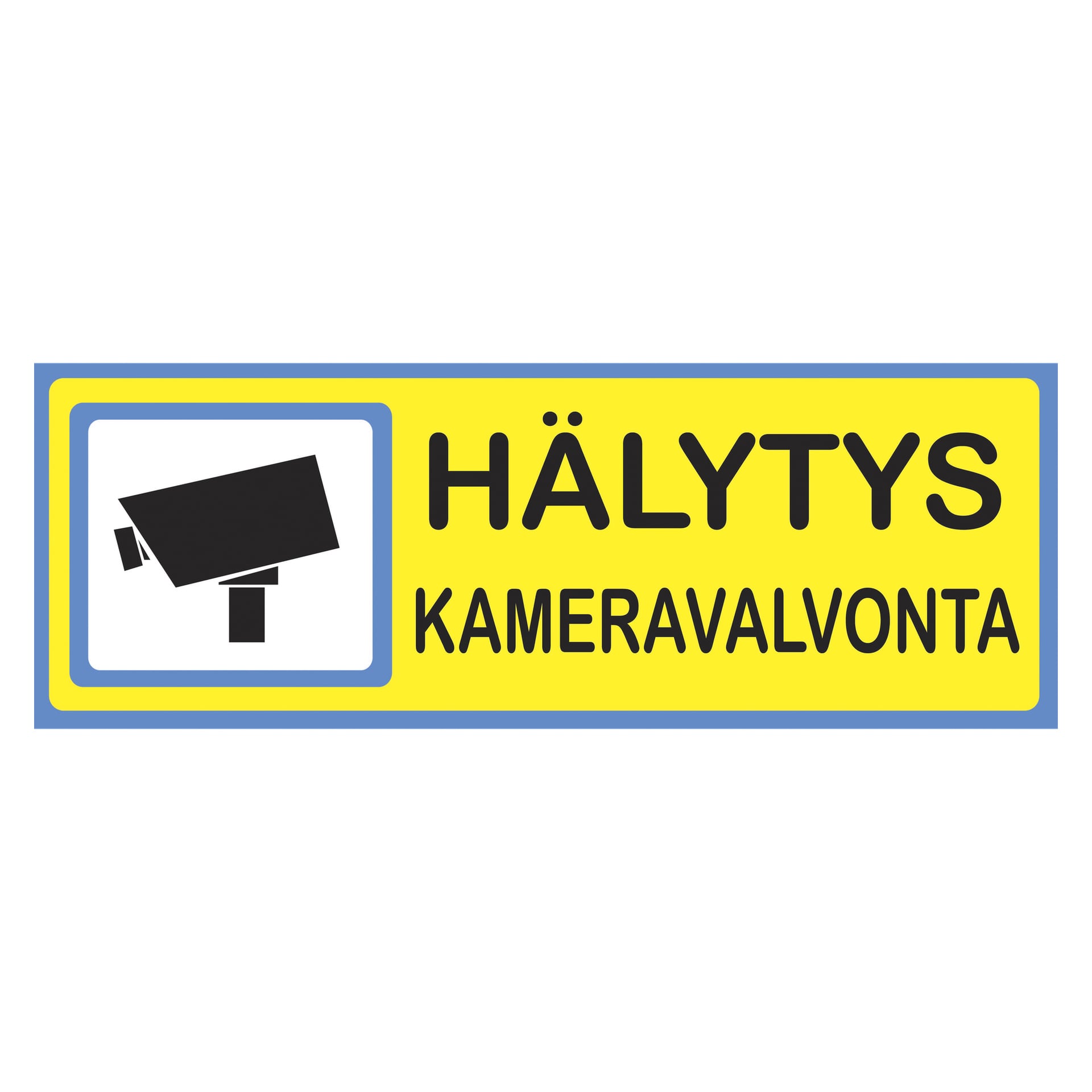 Dekalstajlingin varoituskyltissä on keltainen tausta, vasemmalla musta turvakamerakuvake ja oikealla lihavoitu musta teksti "Hälytys Kameravalvonta", mikä varoittaa kameravalvontaa ja hälytysjärjestelmää.