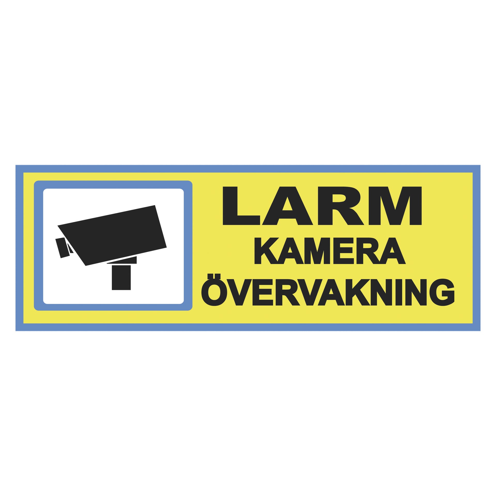 En Dekalstajling-varningsskylt med gul bakgrund, en svart kameraikon och orden "LARM KAMERA ÖVERVAKNING" som indikerar larm och videoövervakning, kantad i blått.