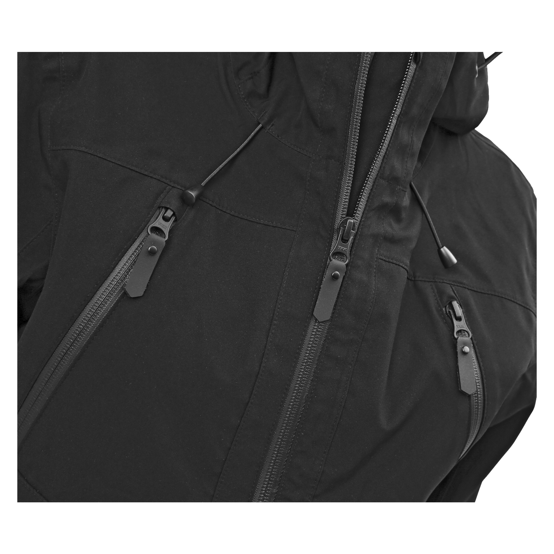Detaljerad vy av Kayoba Outdoor Women's svarta shelljacka visar en central dragkedja framtill och ett par bröstfickor, båda med svarta dragflikar. Kragen har justerbara dragsnören för passform, och det matta tyget ger jackan en modern, stilren finish.