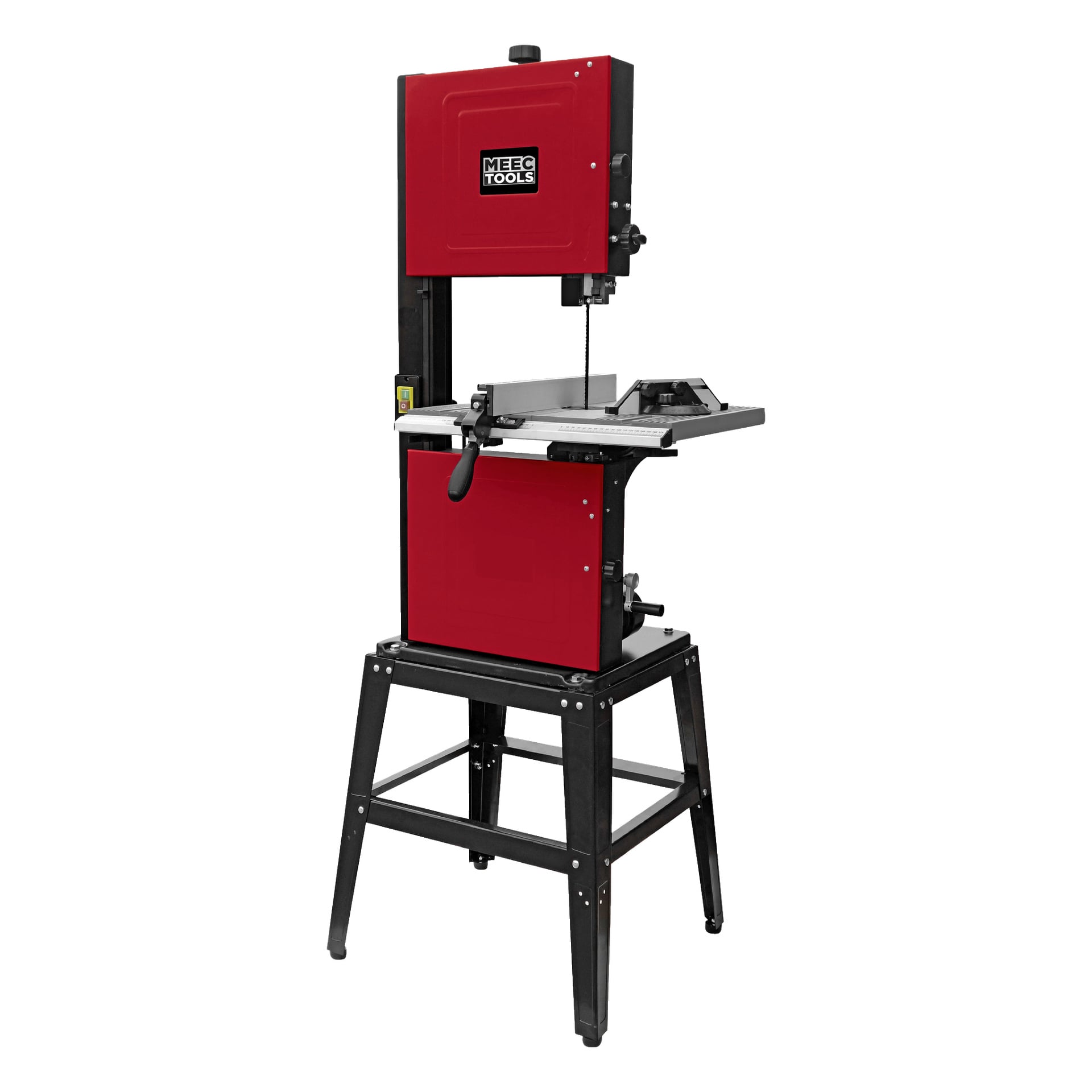Punamusta Meec Tools Bandsaw BW-W HOME 500, pystyterä, metallirunko, neljä jalkaa; Brändinimi näkyy yläkaapissa.