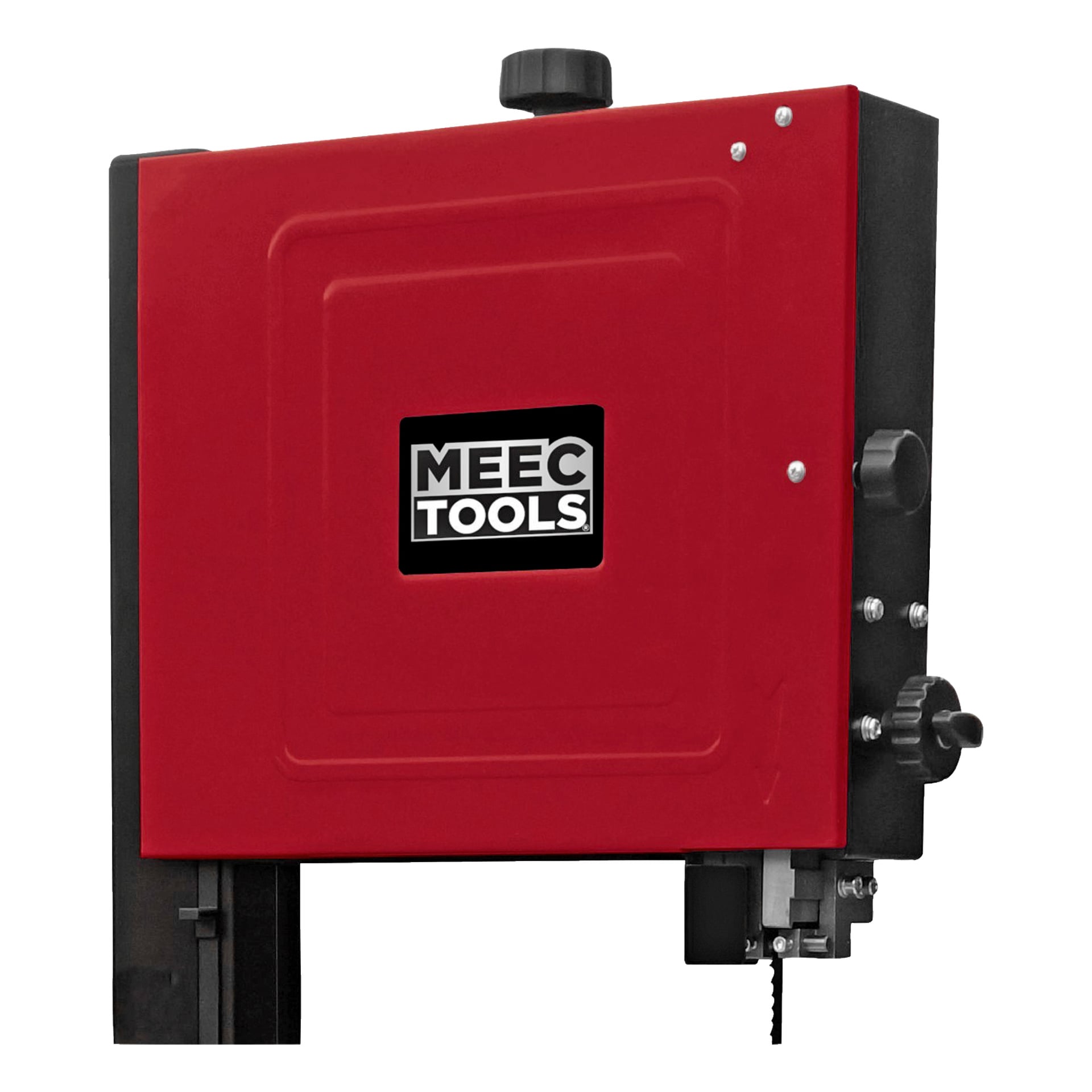 Lähikuva punaisesta Meec Tools Bandsaw BW-W HOME 500:sta, jossa on brändilogo, sivusäätönupit ja näkyvä teräosa alareunassa.