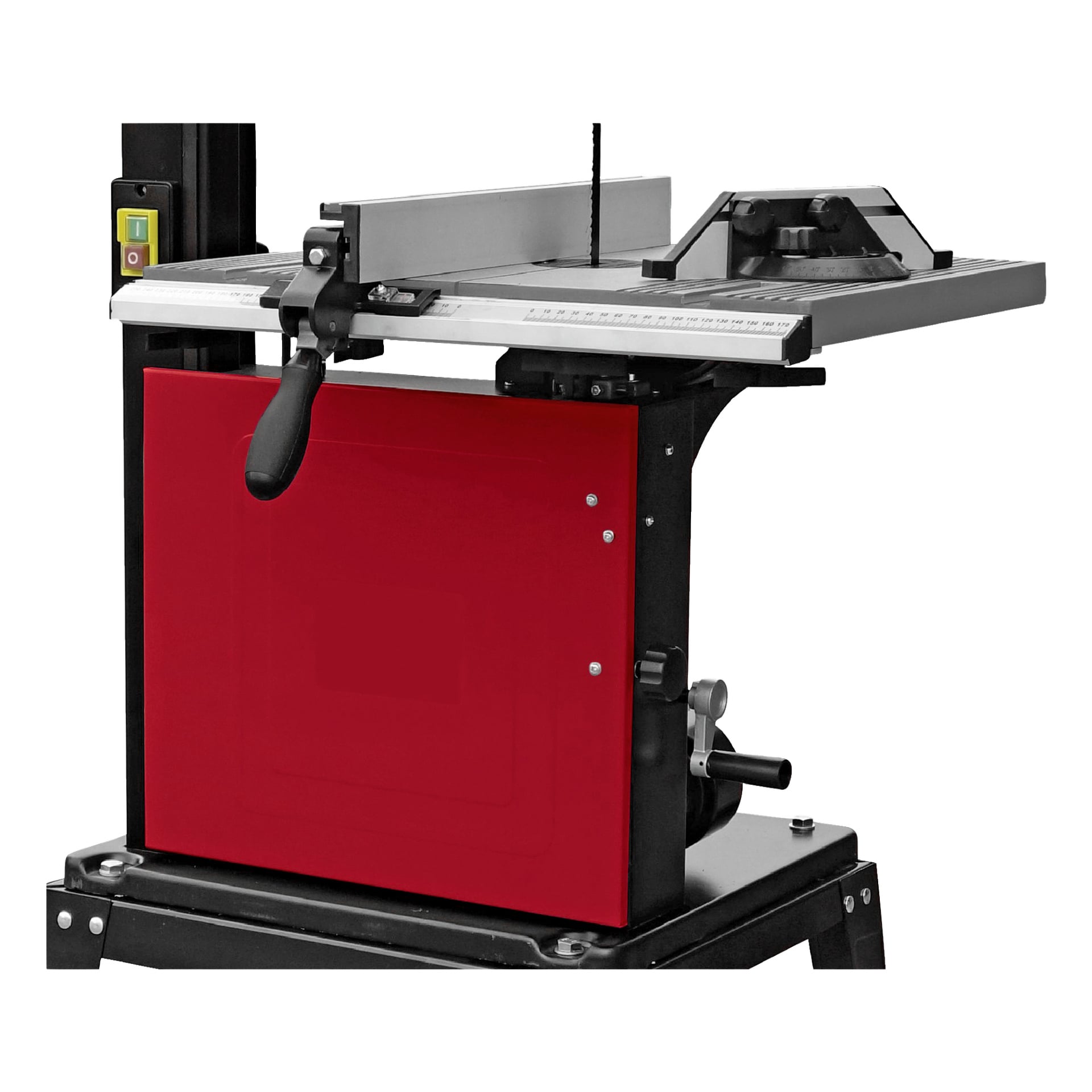 Lähikuva Meec Tools Bandsaw BW-W HOME 500:sta, jossa korostetaan metallipöytää, ohjausaitaa, säätönuppeja ja punaista sivupaneelia.