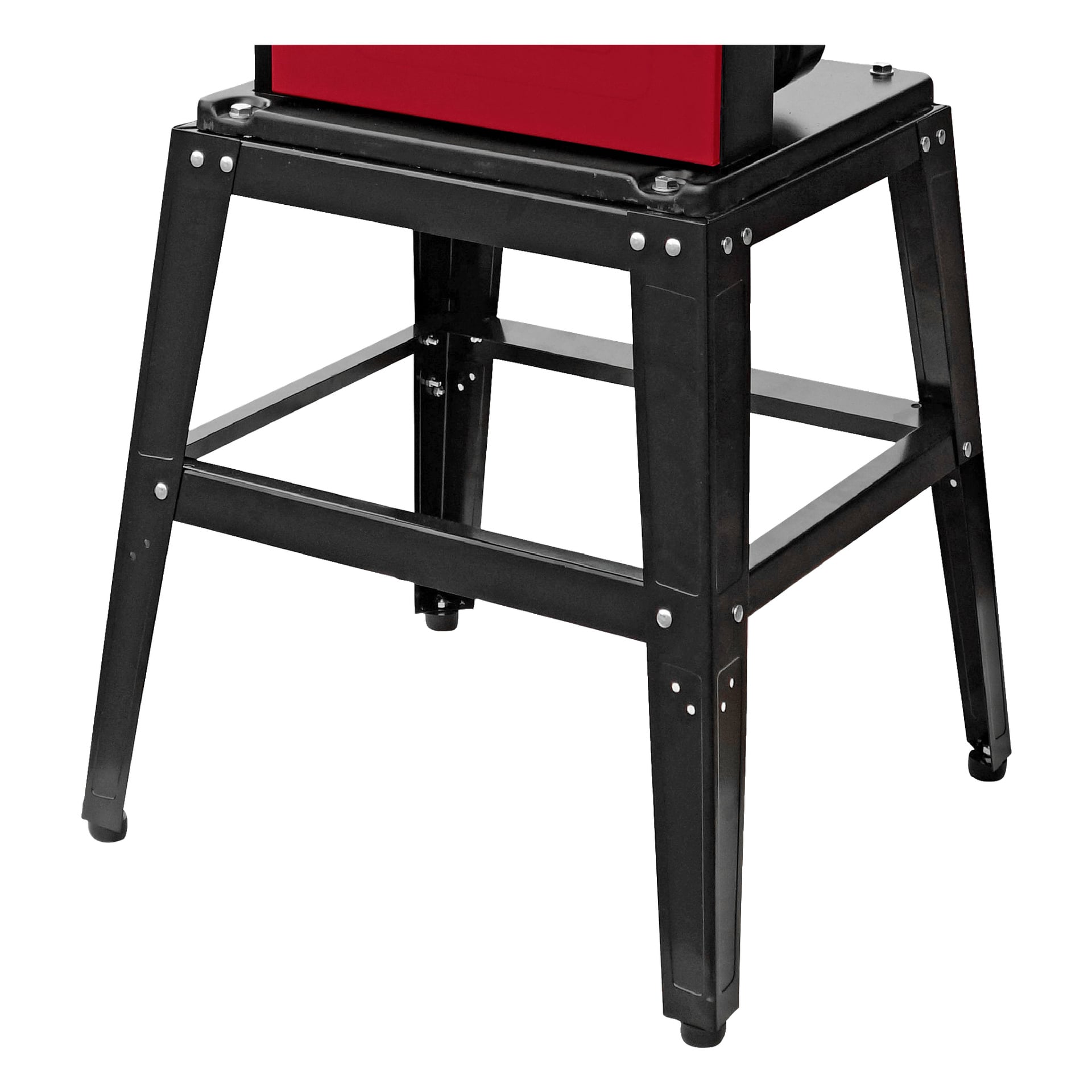 Mustametallinen teline, jossa on neljä jalkaa ja ristituki, tukee punaisen Meec Tools Bandsaw BW-W HOME 500:n alaosaa.