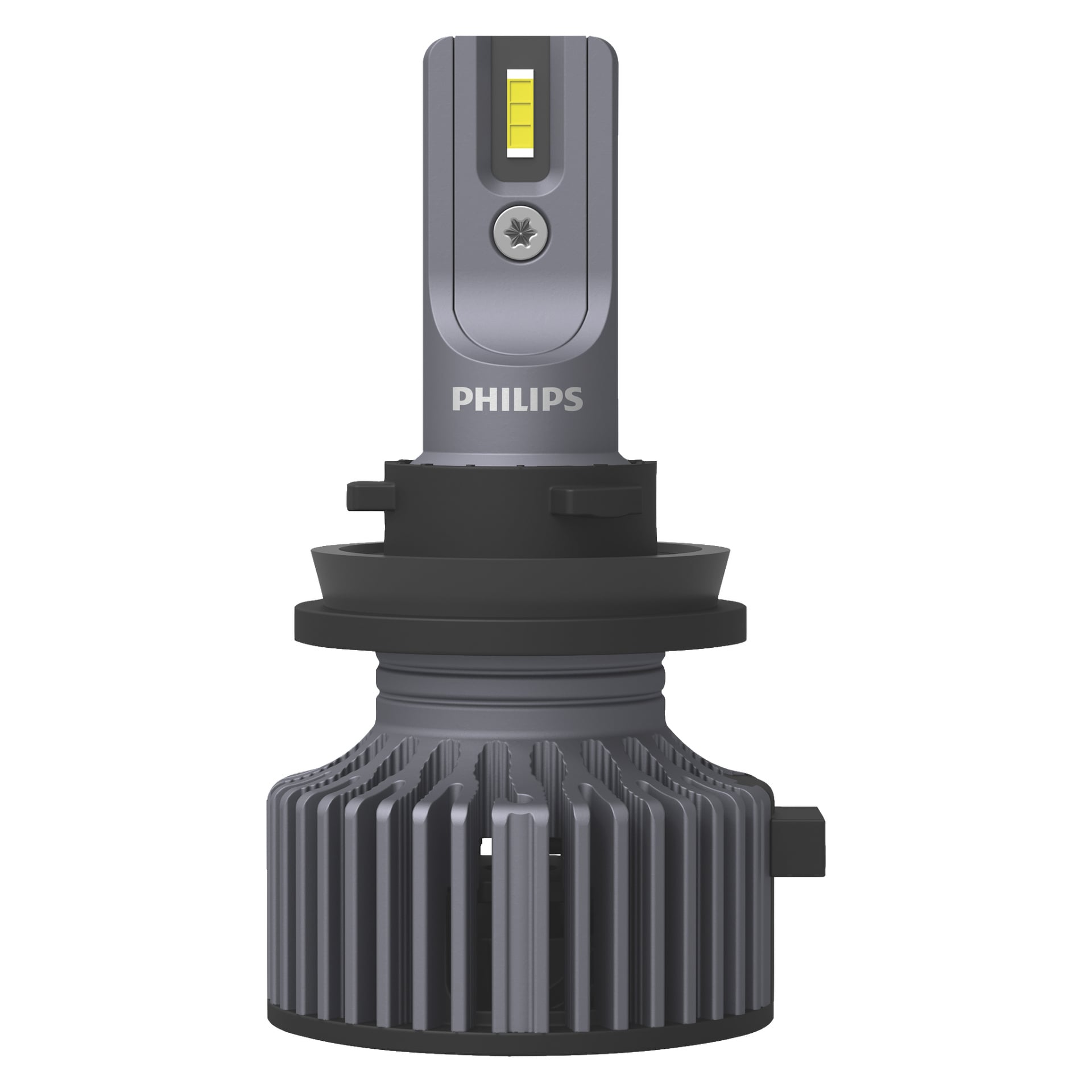 Philips LED Ultinon Pro3022 bilstrålkastarlampa har en rektangulär grå bas, exponerade gula LED-chip, en rund svart kylfläns med fenor längst ner och visar PHILIPS-logotypen framtill.