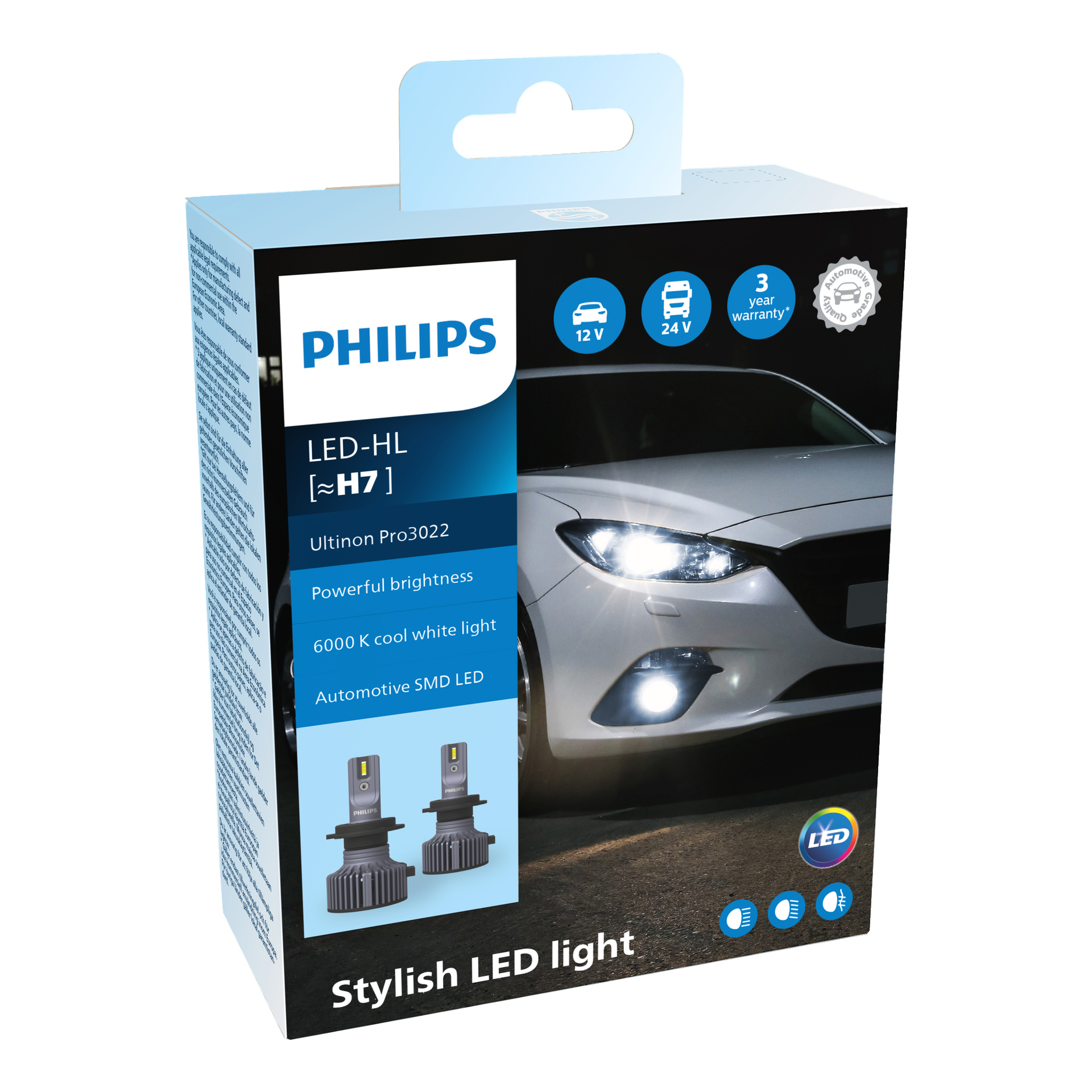 Blå och vit Philips-låda för LED Ultinon Pro3022 bilstrålkastarlampans 2-pack, med en bil med strålkastarna tända, viktiga funktioner i produkten, garantiinformation och bilder på två LED-lampor framtill.