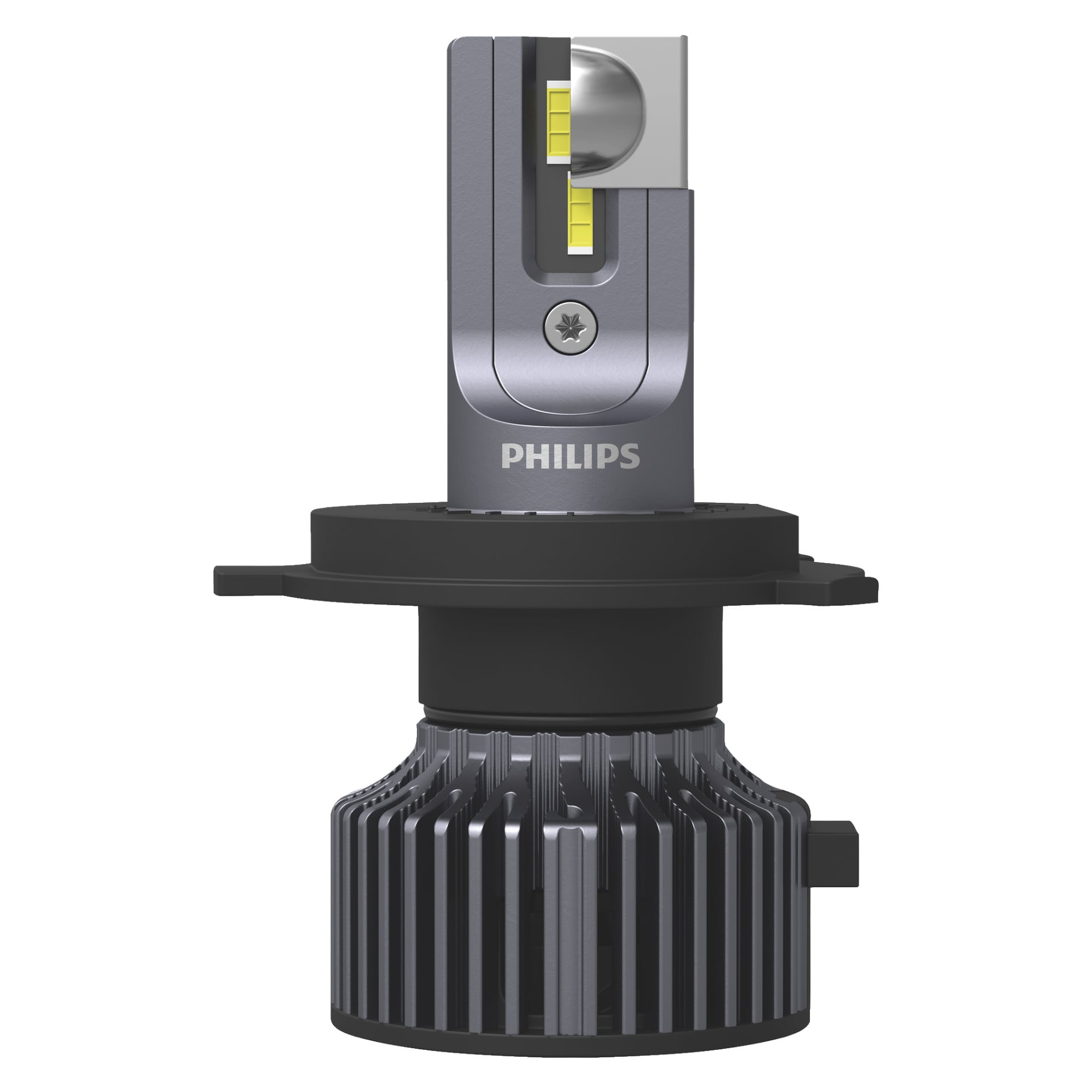 En närbild på Philips Cars strålkastarlampa LED Ultinon Pro3022 visar dess vertikala position, med en framträdande metallkylfläns vid basen, synliga LED-chip högst upp och Philips-logotypen på karossen.