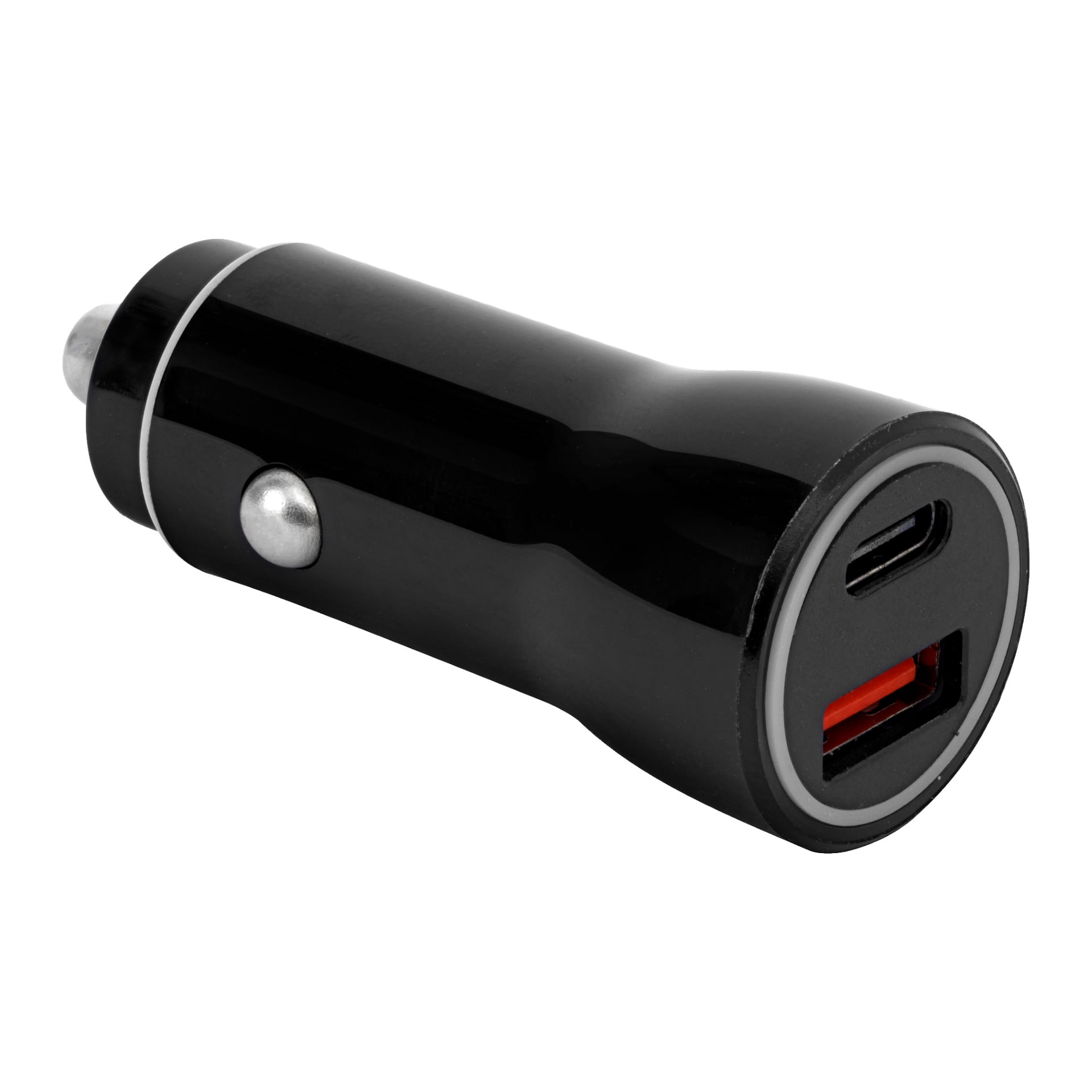 Anslut Car charger USB C + USB A är en slank svart biladapter med silverspets. Den har en USB-A-port markerad med en röd flik och en USB-C-port placerad i änden.