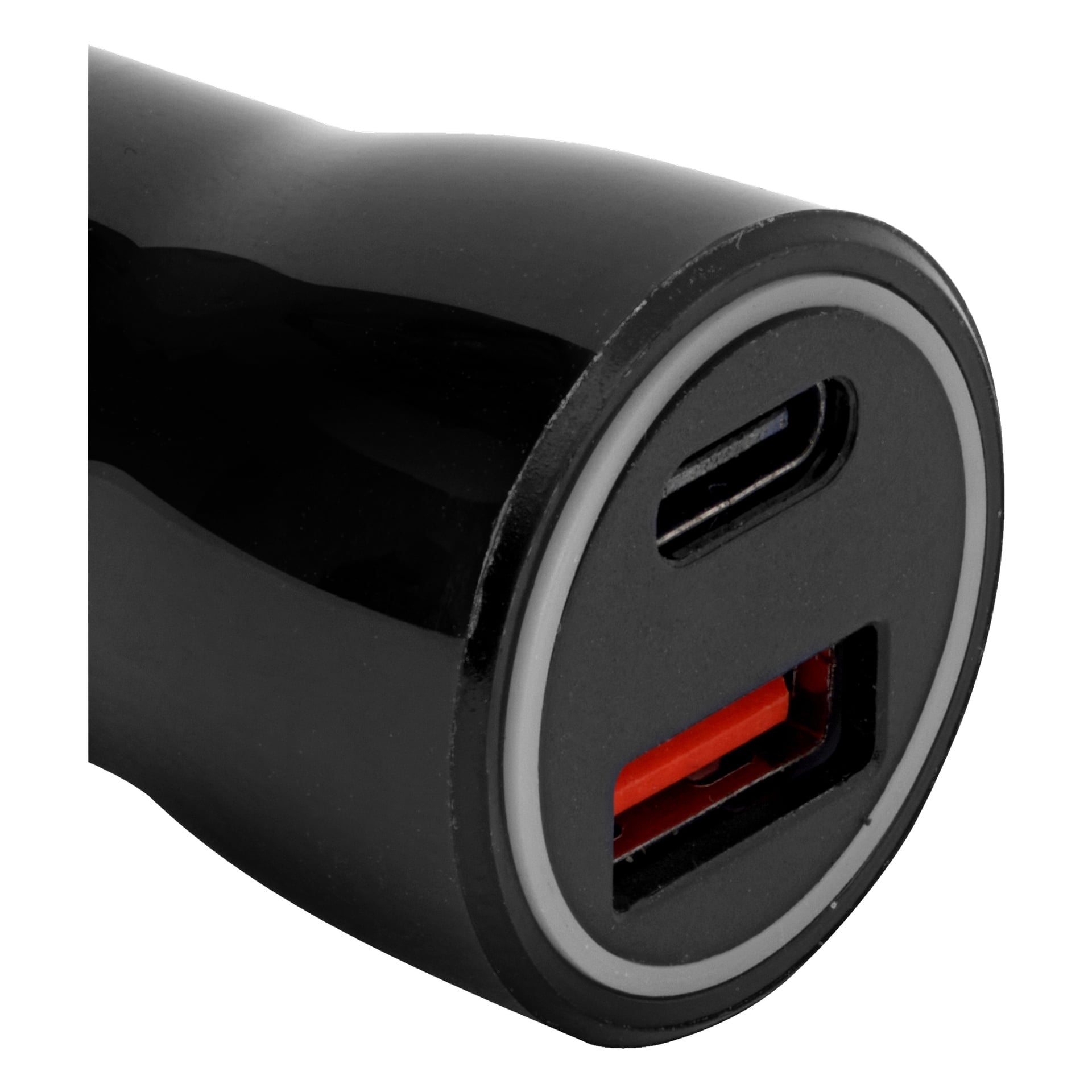 Närbild på Anslut Car Charger med både USB-C och USB-A-portar, som visar dess blanka yta och en grå ring runt kontakterna.