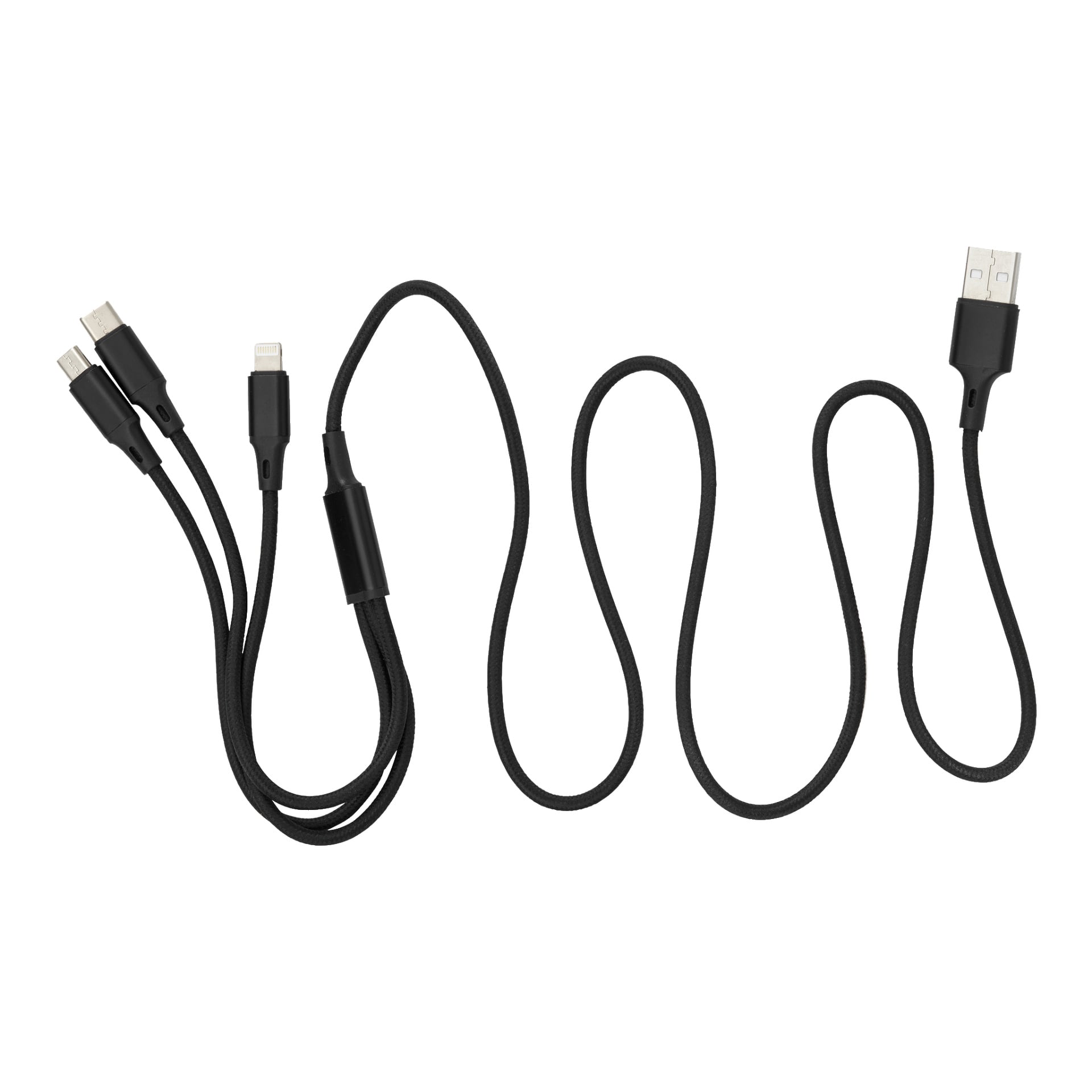 Anslut 3-i-1 laddkabel med svart flätad exteriör, med en USB-kontakt på ena sidan och Micro USB-, USB-C och Lightning-kontakter på den andra.