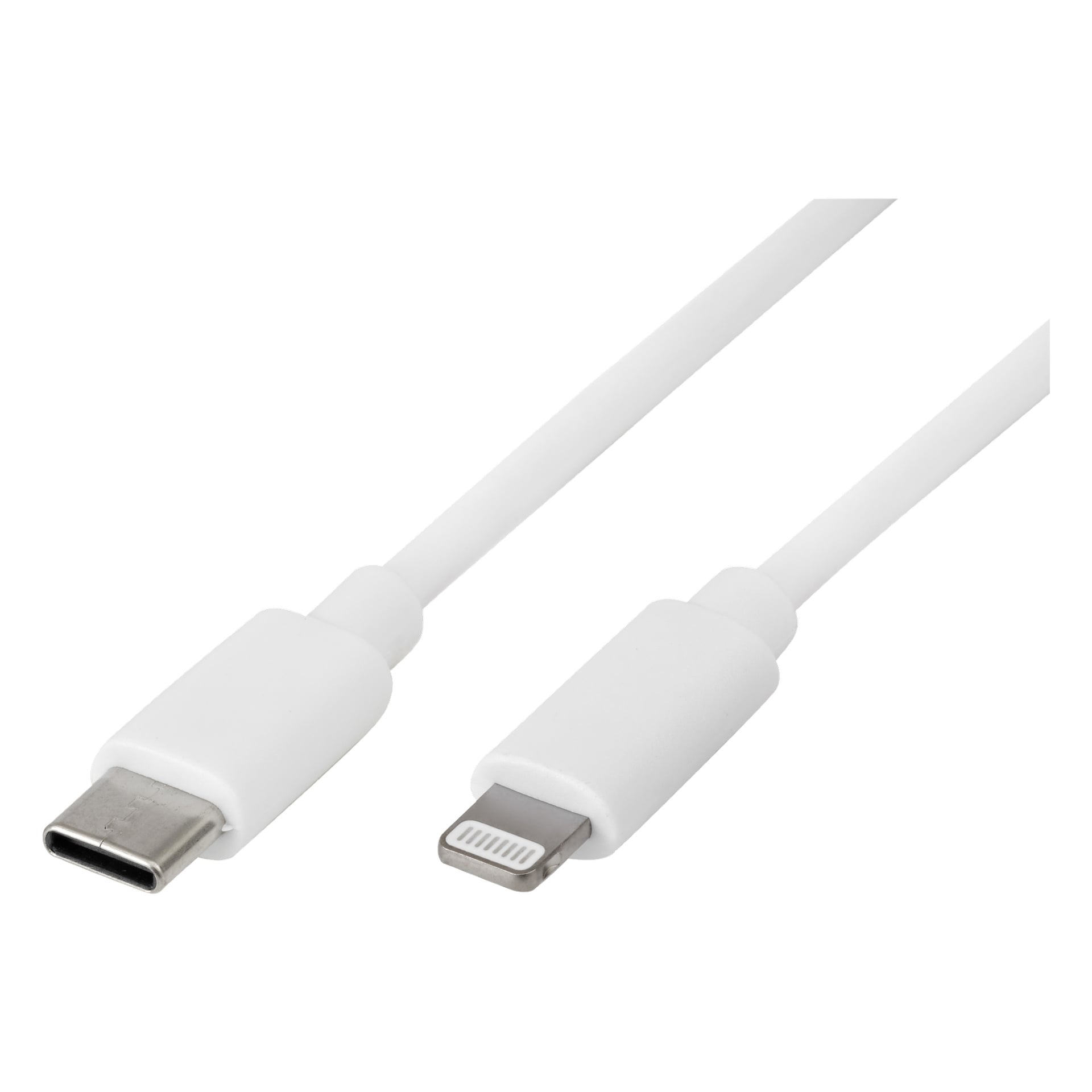 En vit Anslut Charger-kabel med en USB-C-kontakt till vänster och en Lightning-kontakt till höger, båda förenade med en matchande vit sladd.