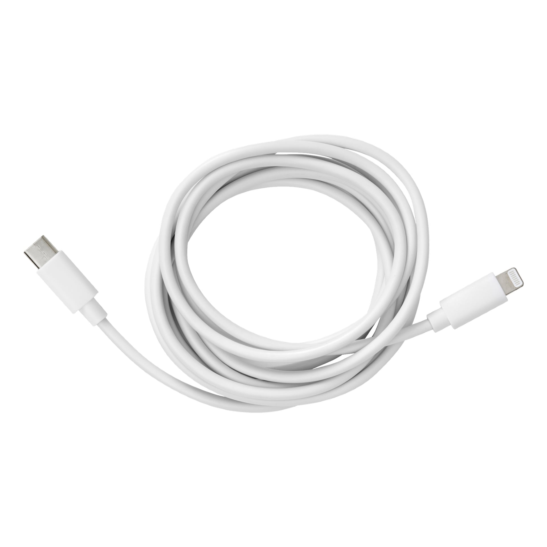 Anslut Charger-kabel Lightning/USB-C, en spiralad vit laddningskabel med en USB-C-kontakt i ena änden och en Lightning-kontakt i den andra.