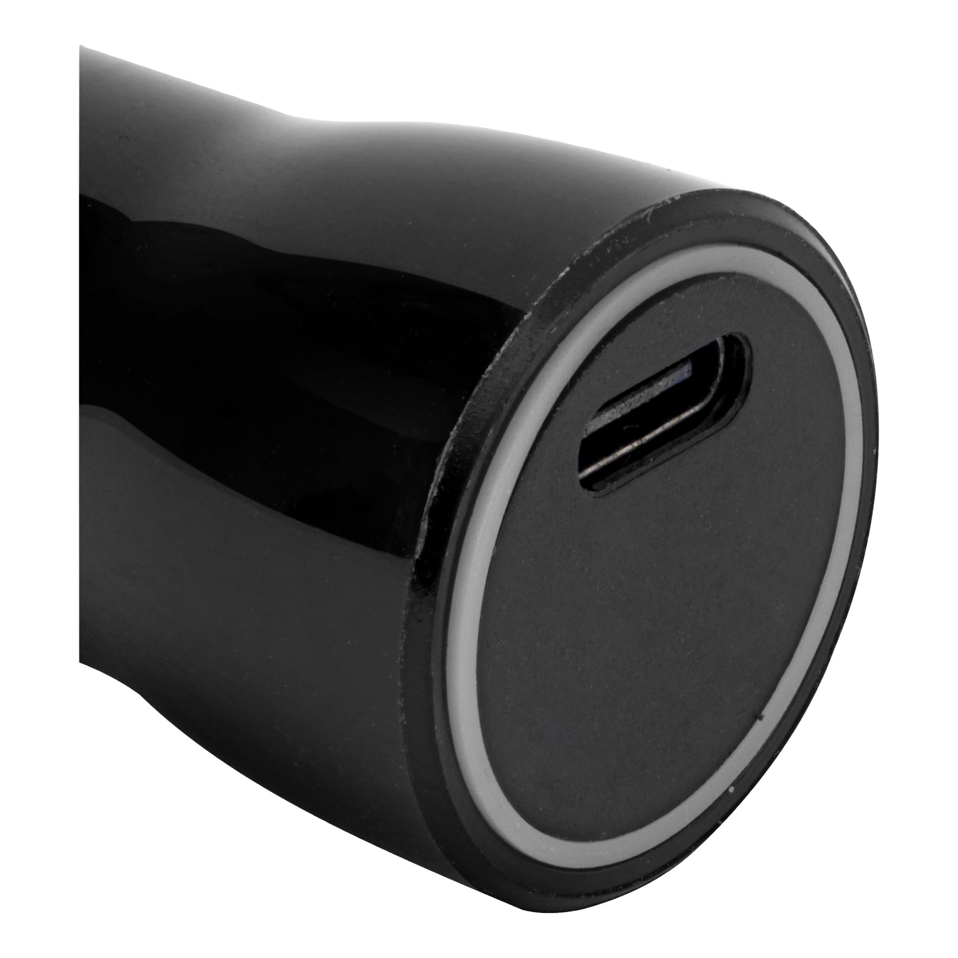 Nærbilde av bunnen av Anslut Car-laderen, en svart sylindrisk enhet med en sentrert USB-C-port, omgitt av en slank grå ring.