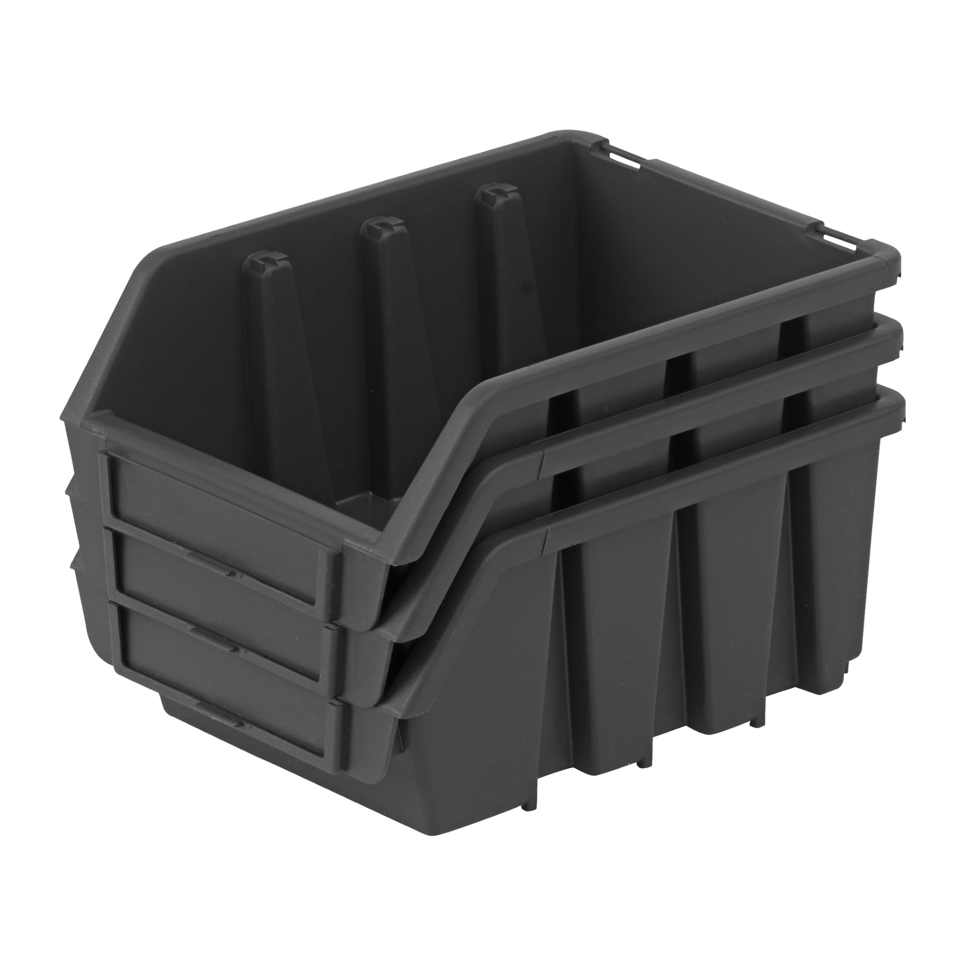 Et par svarte plast Hard Head Assortment-bokser med åpne topper og ribbede sider er stablet, ment for å sortere småting.