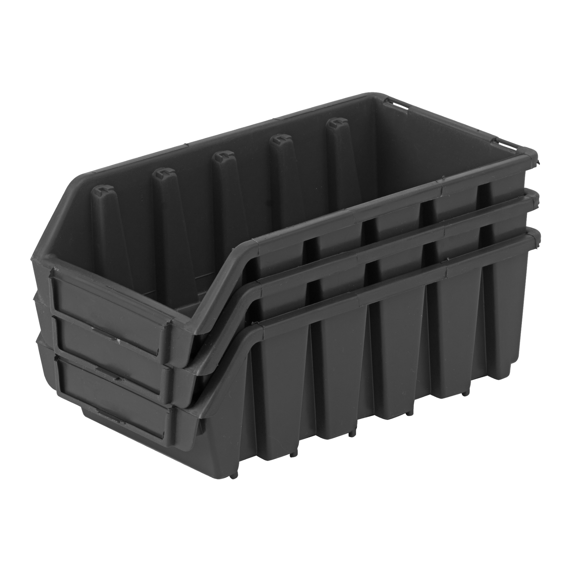 Trzy czarne plastikowe pudełka Hard Head Assortment są ułożone w stosie, każde z pochylonym przednim otworem i pionowymi rowkami po bokach i dole dla dodatkowej stabilności.