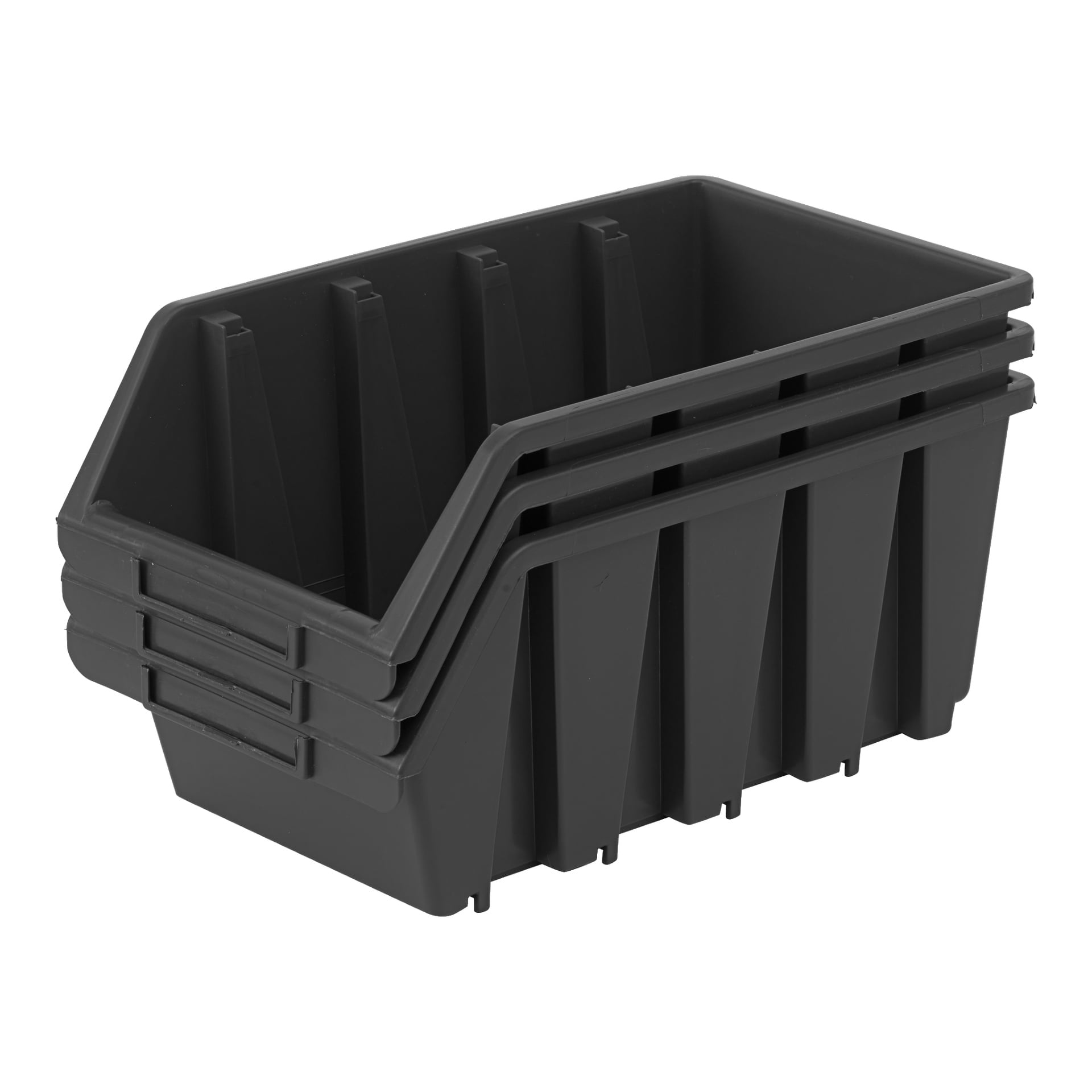 Pokazane są trzy zagnieżdżone pudełka Hard Head Assortment wykonane z czarnego plastiku. Każdy pojemnik ma skośne otwarcie z przodu dla wygodnego dostępu oraz pionowe kalenice zapewniające dodatkową wytrzymałość. Pojemniki są puste.