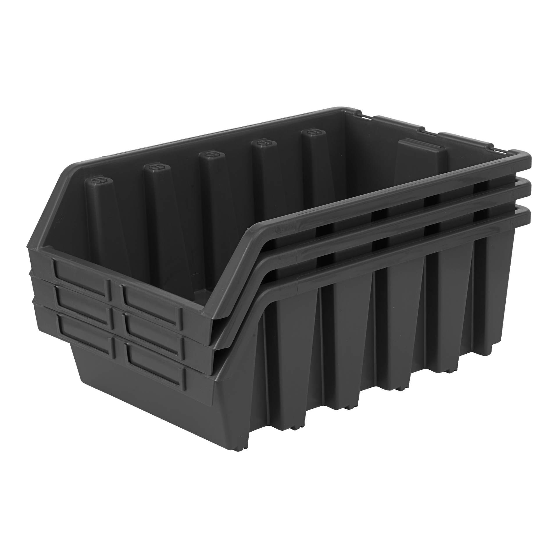 Stos trzech czarnych plastikowych pudełek Hard Head Assortment. Każde prostokątne pudełko ma otwartą górę, skośny przód dla łatwiejszego dostępu oraz pionowe wykończenia po bokach i u podstawy dla dodatkowej trwałości i wsparcia.