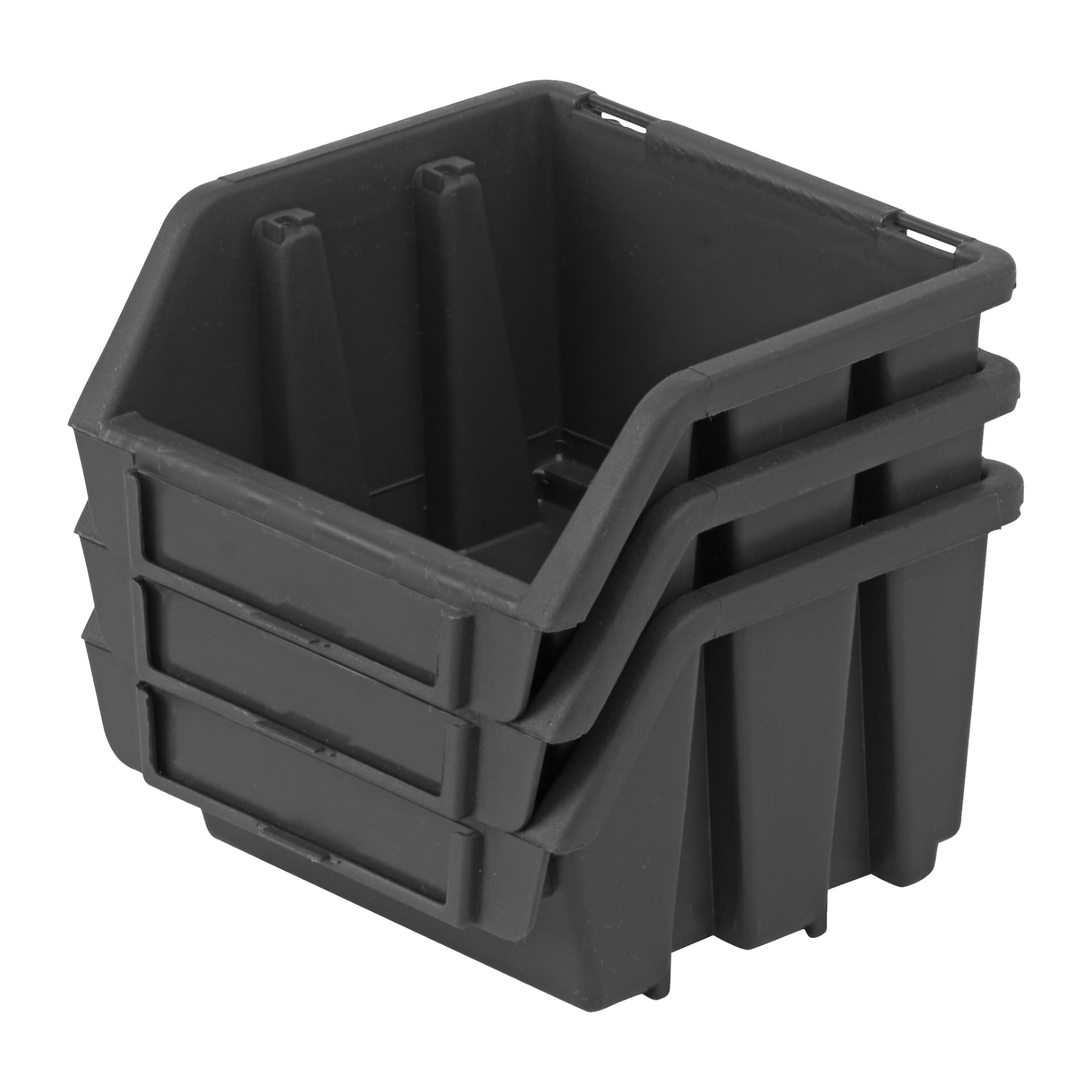 Trzy czarne plastikowe pudełka Hard Head Assortment są ułożone jedno na drugim. Pudełka mają otwarte fronty i wzmocnione boki, co czyni je odpowiednimi do organizowania drobnych przedmiotów lub narzędzi. Mają gładkie powierzchnie i są pokazane puste.