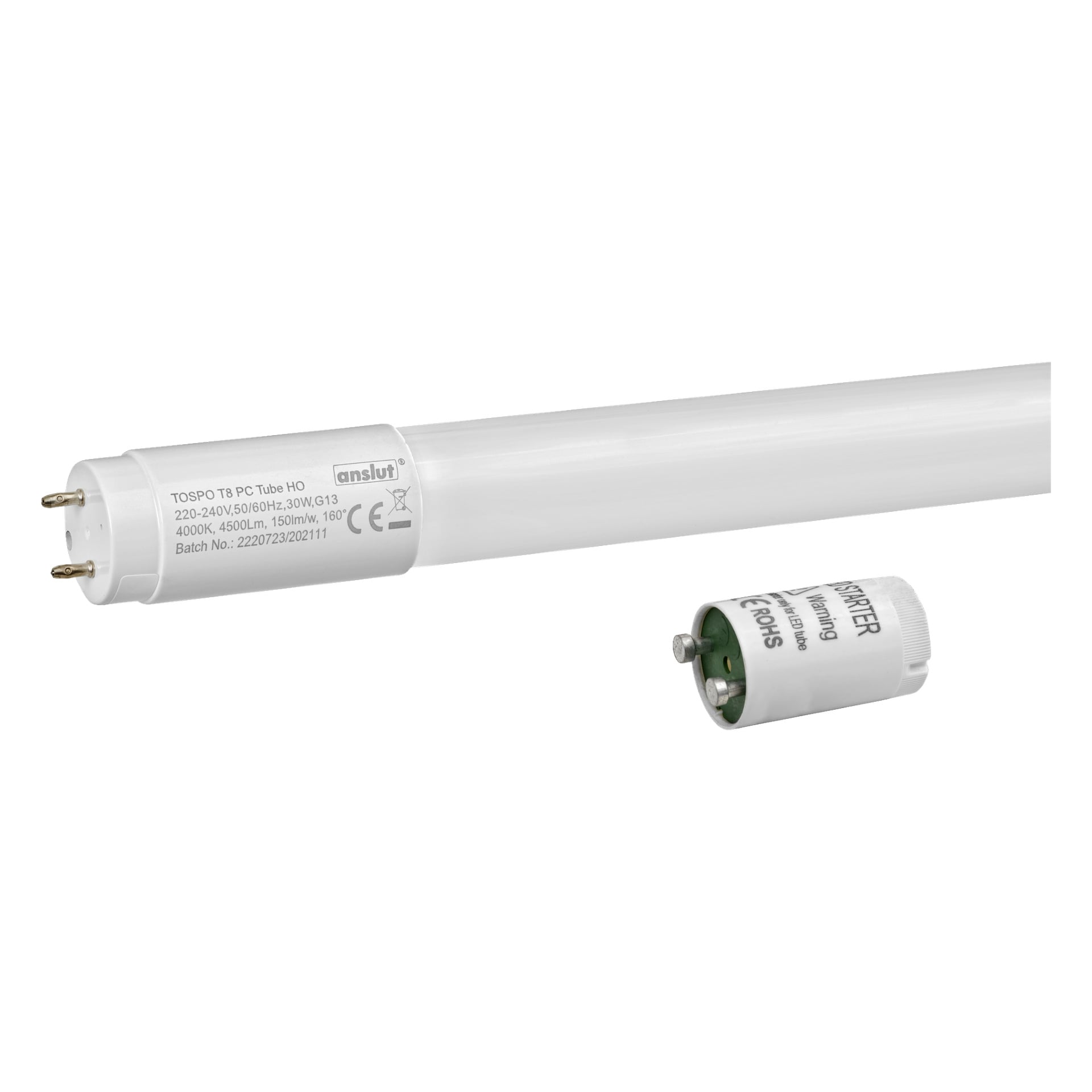 Ett vitt Anslut T8 LED-lysrör med kontaktpinnar i ena änden placeras bredvid en vit cylindrisk komponent märkt ECO STARTER. Båda föremålen har tekniska specifikationer tryckta på sig.