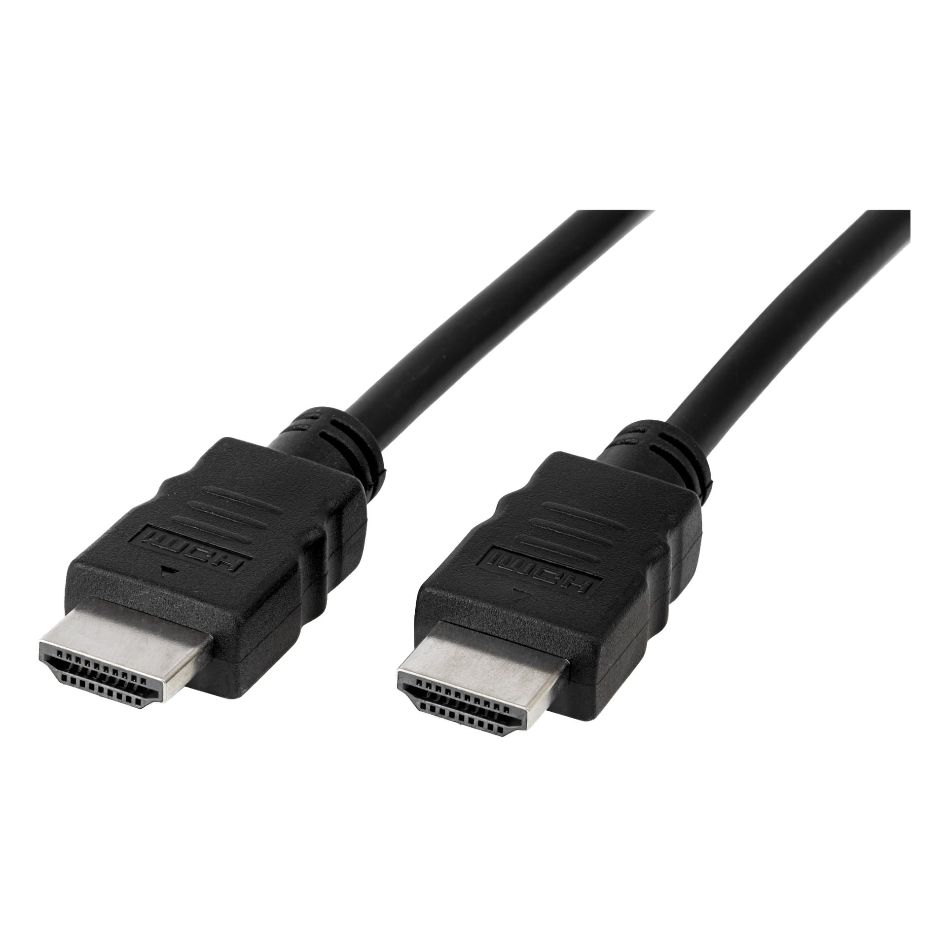 En Anslut HDMI-kabel med svart design visas, utrustad med två identiska hankontakter. Kontakterna har platta, rektangulära metallspetsar omgivna av svarta plasthöljen.