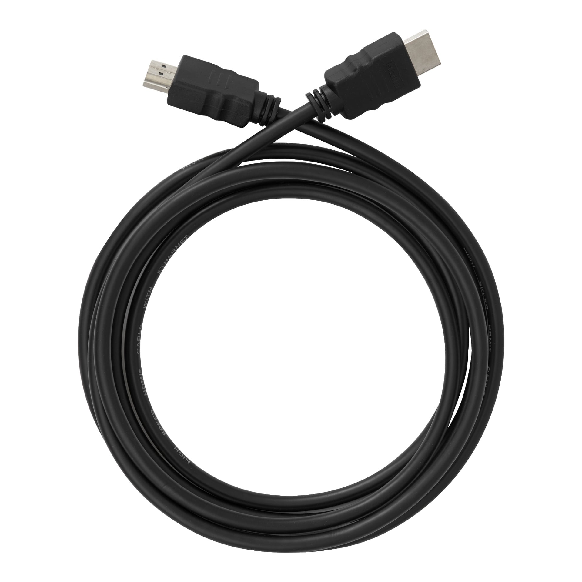 En Anslut HDMI-kabel är prydligt lindad i en cirkulär form med båda kontakterna synliga upptill, en pekande åt vänster och den andra åt höger.