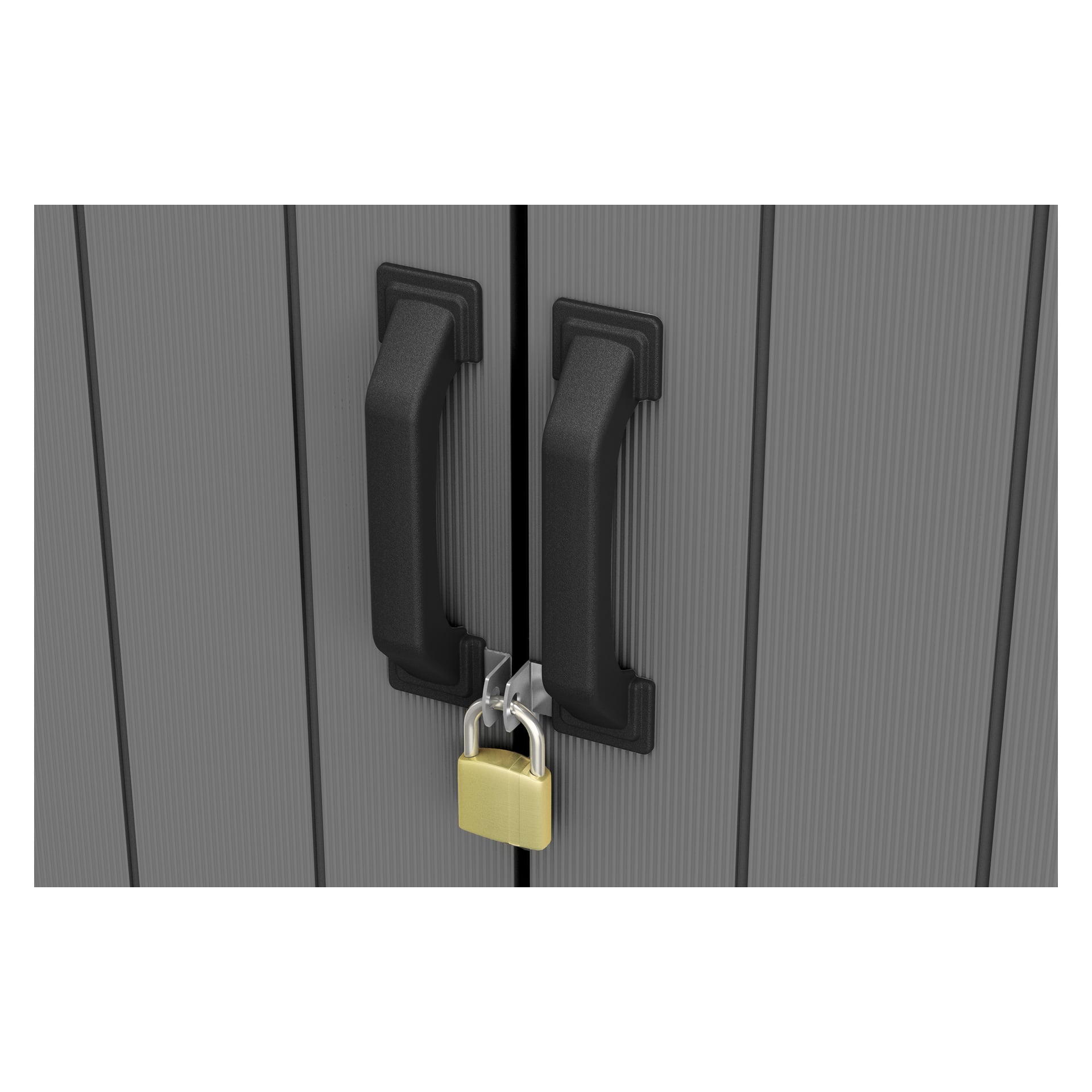 En detaljerad vy av två svarta handtag fastsatta med ett hänglås i mässing på de vertikalt randiga grå dörrarna till Keter Premier Tall Storage Unit.