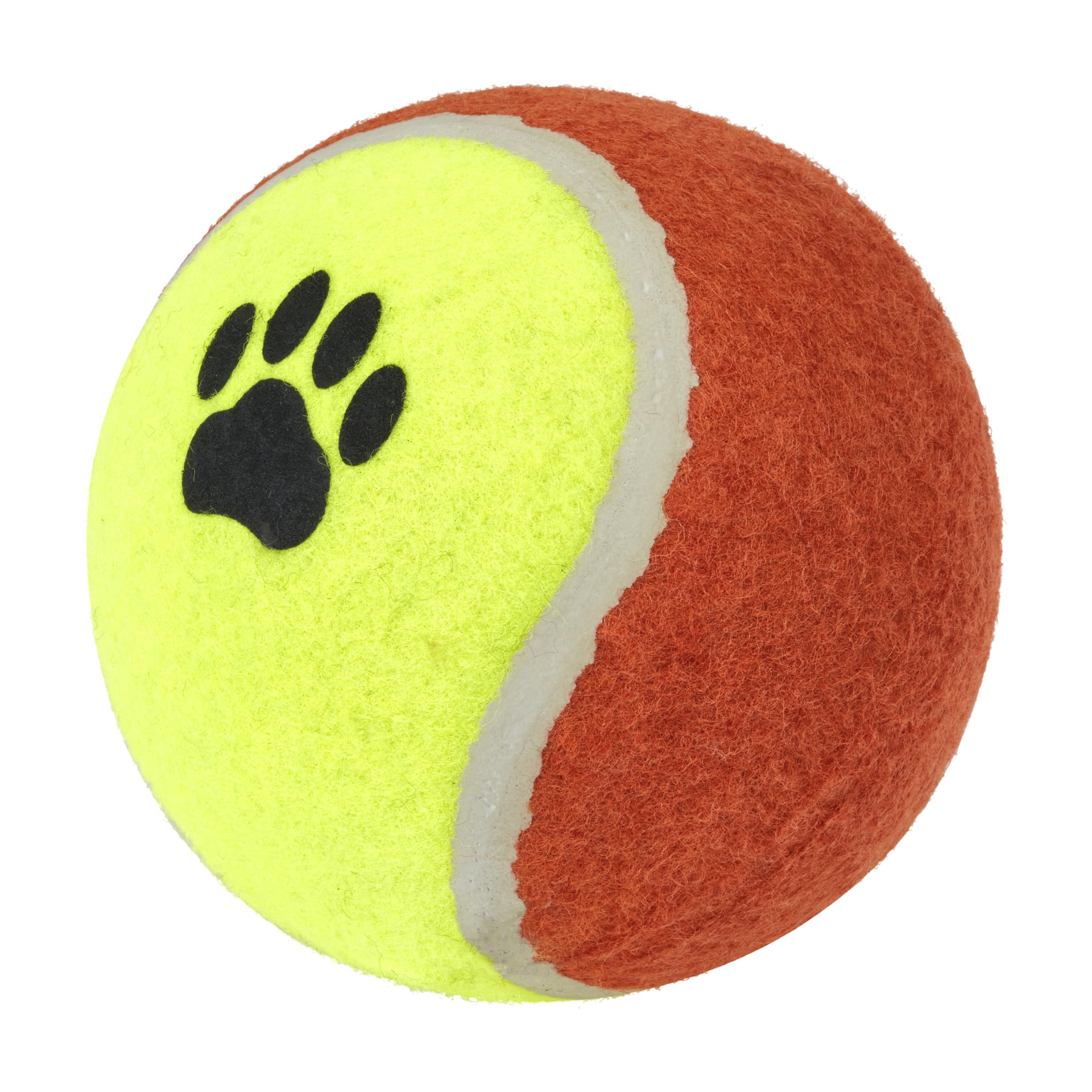 En Kayoba-hundleksak designad som en tennisboll, där ena halvan är gul och den andra orange, delad av en vit böjd rand. Den gula delen innehåller en svart tassavtrycksgrafik.