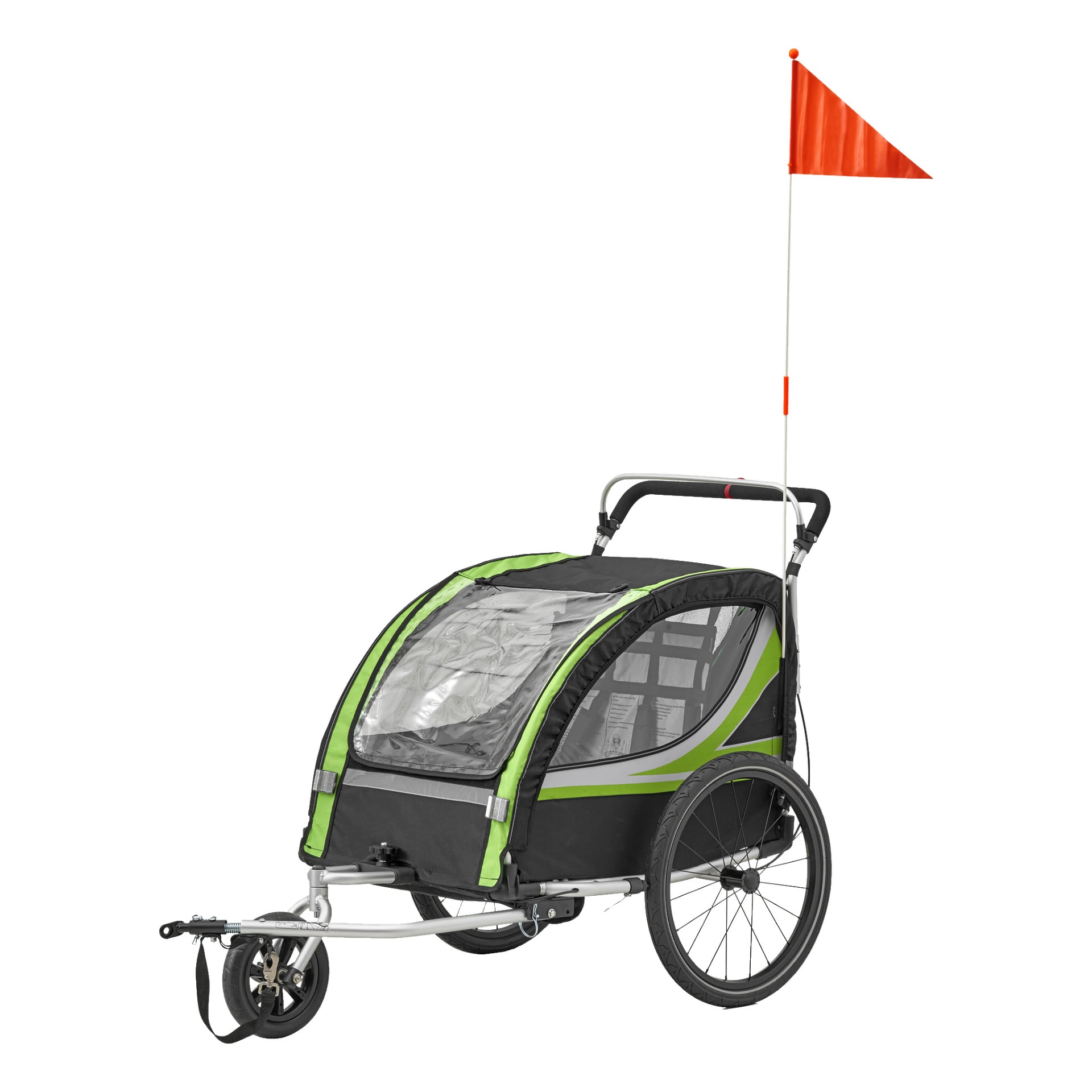 En svart och grön Kayoba cykeltrailer designad för två barn, utrustad med ett transparent framkåpa, två stora hjul bak, ett mindre hjul fram, ett styre och en orange säkerhetsflagga monterad bak.