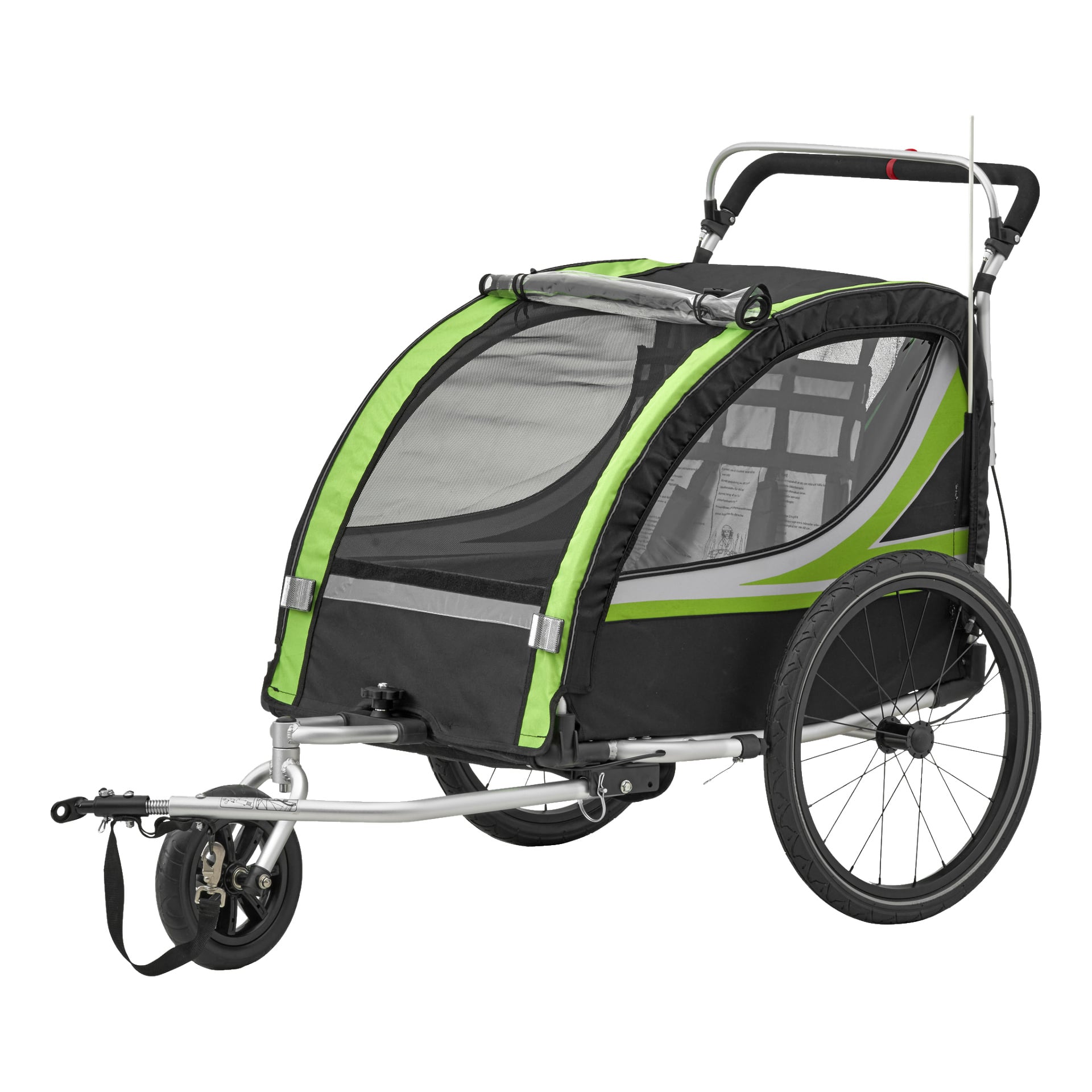 Kayoba Bicycle Trailer, designad för två barn, är grön och svart med ett mesh-framdäck. Den har stora hjul bak, ett mindre hjul fram och en dragstång som gör det enkelt att fästa den på en cykel. Lämplig för att bära barn eller last säkert.