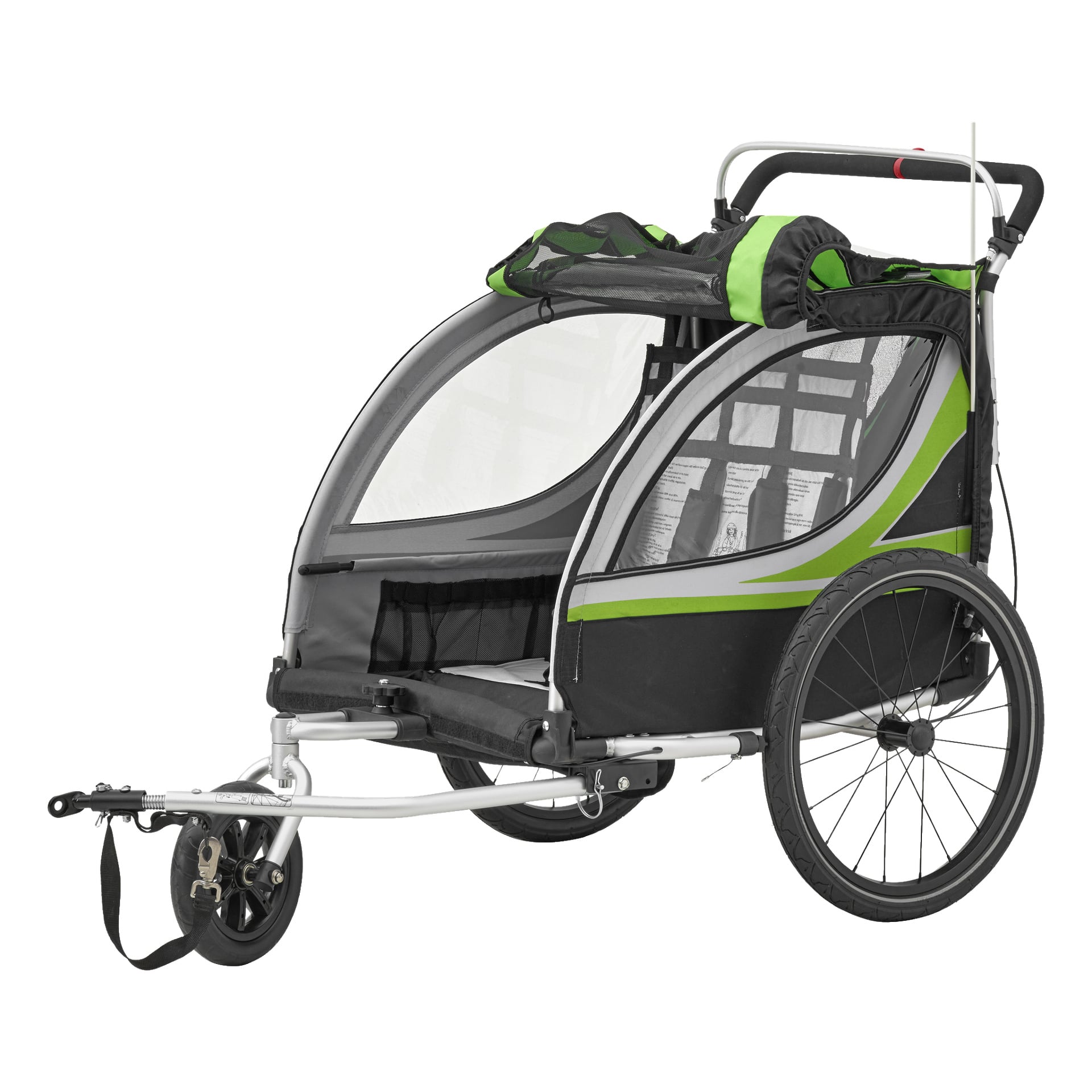 En Kayoba cykeltrailer i svart, grönt och grått är designad för att bära två barn. Den har två hjul, nätfönster för ventilation, en stadig metallram och en krok för att fästa på en cykel – lämplig för att transportera barn eller last.