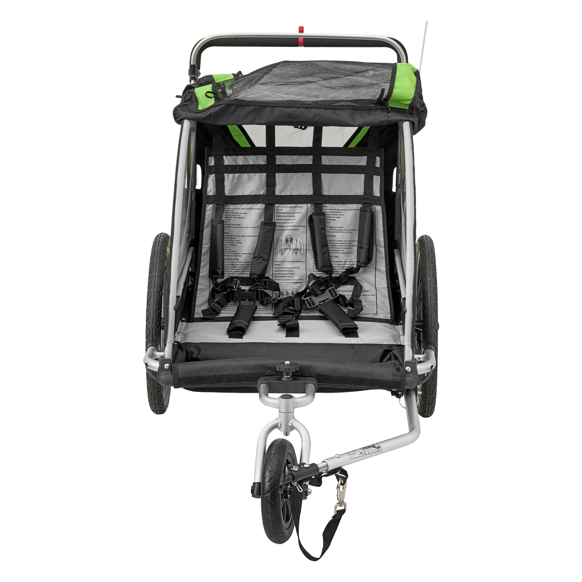 Kayoba Bicycle trailer visas framifrån, designad för två barn med individuella säten och säkerhetsselar. Den har nätsidorutor, stora hjul bak, en dragstång som sträcker sig från framhjulet och gröna tygdetaljer på toppen.