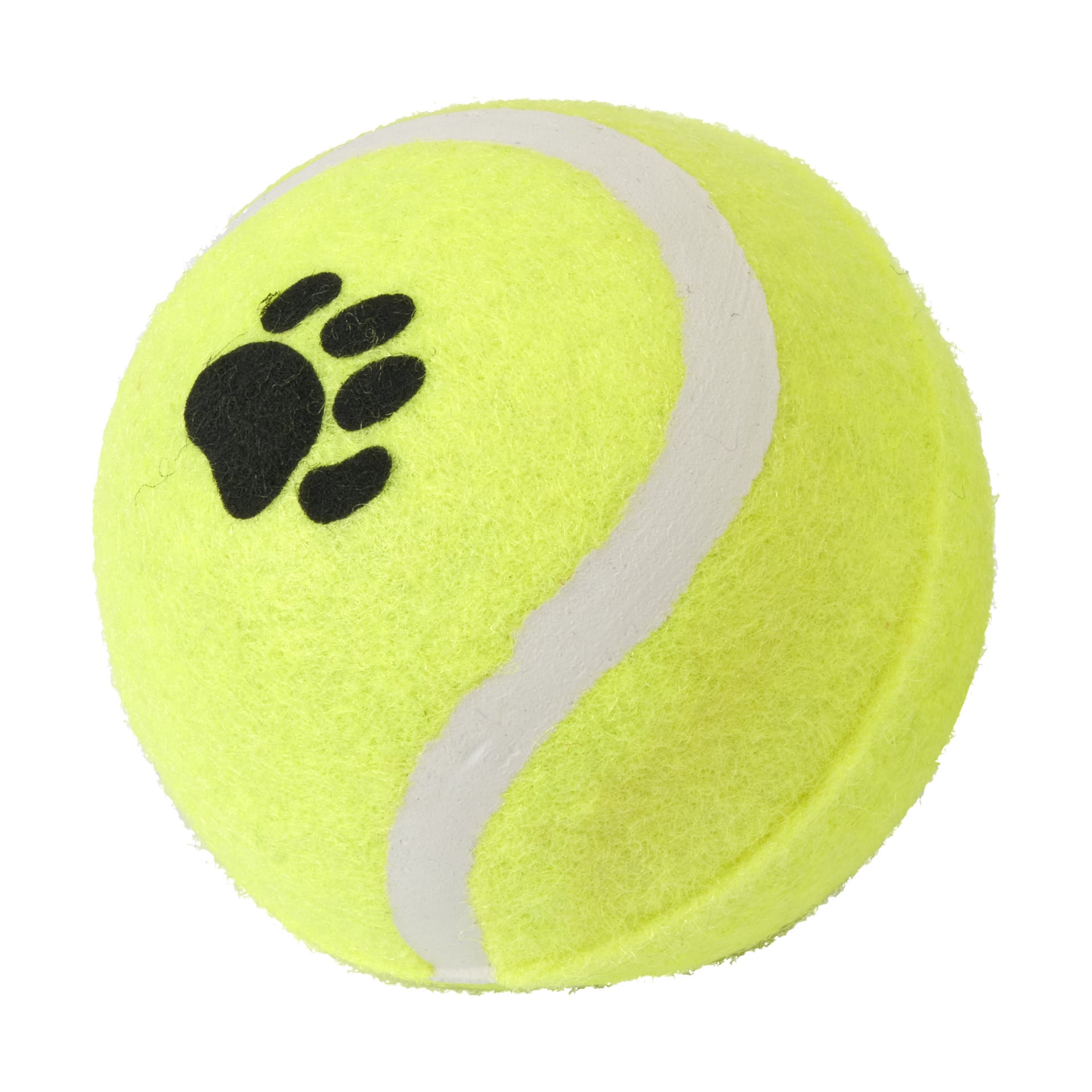 Ett trepack med Kayoba-tennisbollar för hundar visas, varje boll gul med en vit böjd rand och en svart tassavtryck på ytan.