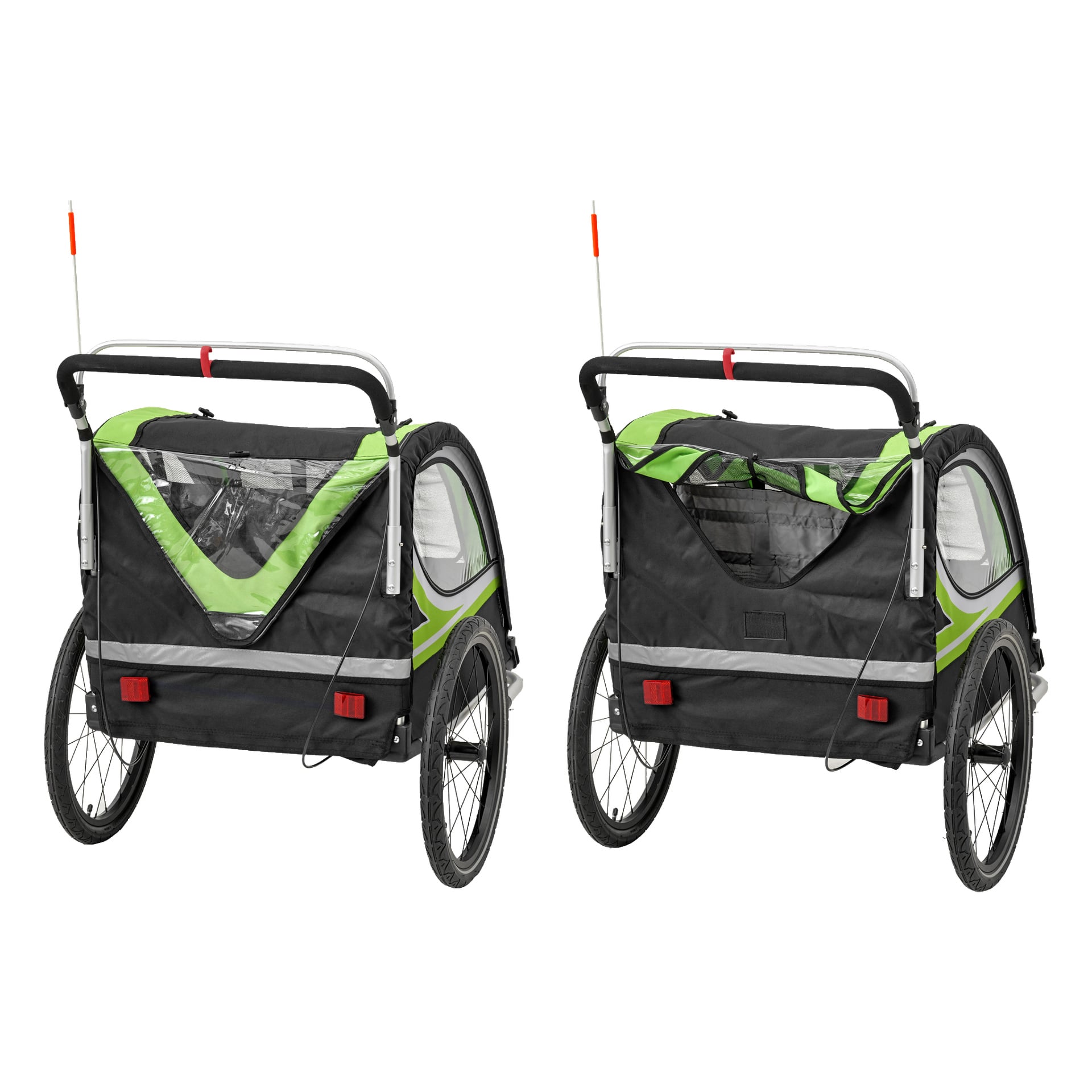 Två Kayoba-cykelsläp, designade för två barn, står placerade bredvid varandra. De visar svarta och gröna exteriörer, stora hjul, genomskinliga sidofönster, reflekterande säkerhetslistor, stadiga svarta ramar och röda säkerhetsflaggor. Båda trailers syns bakifrån.