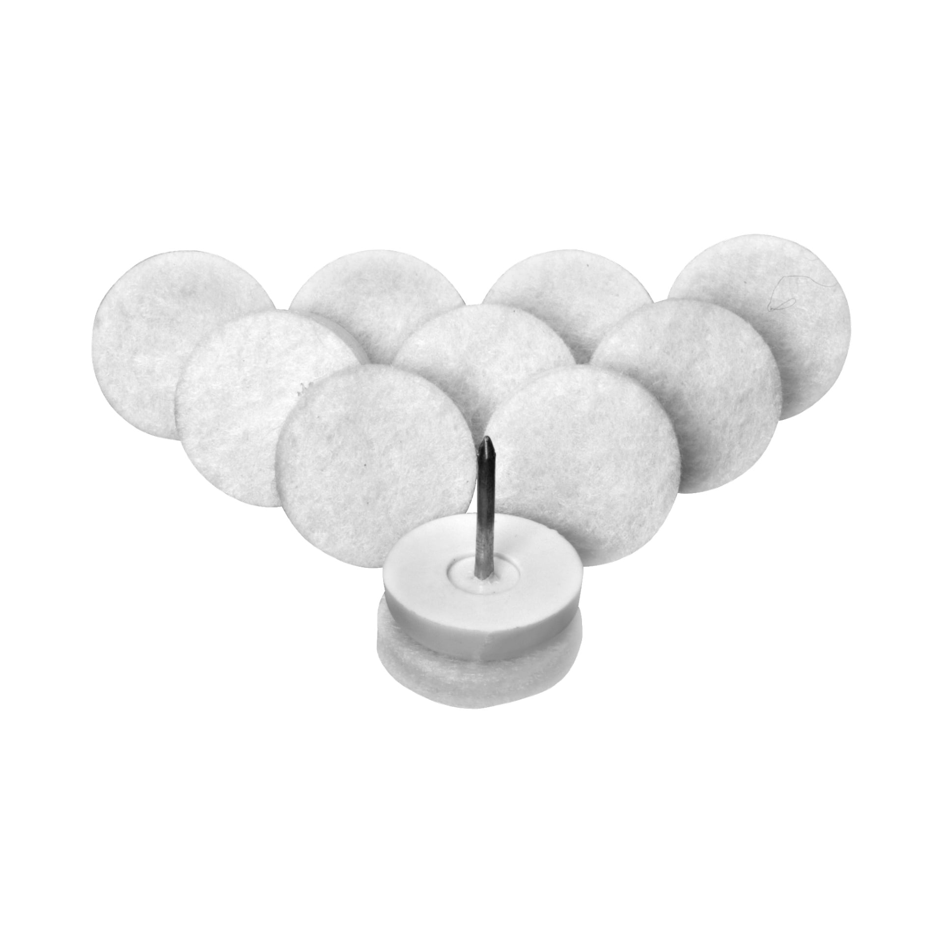 Ett 10-pack Hard Head Furniture-pads med naglar är arrangerat i en triangulär formation. Paden framtill är placerad så att den vassa metallpinnen sticker ut från mitten, fastsatt i en vit plastbas.