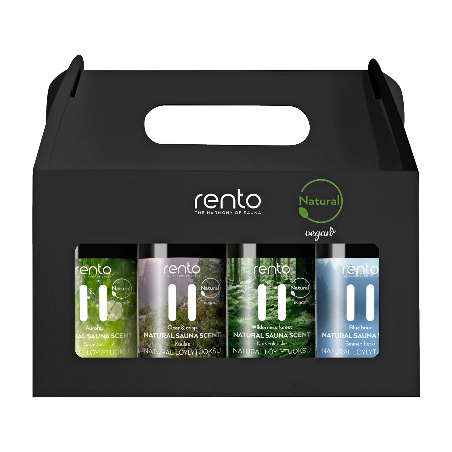 En svart låda med handtag, märkt "Naturlig och vegansk", innehåller fyra Rento Sauna aromflaskor från presentpaketet Natural Sauna Scent. Flaskorna finns i olika färger och dofter: björk, klar och krispig, vildmarksskog och blå timme.