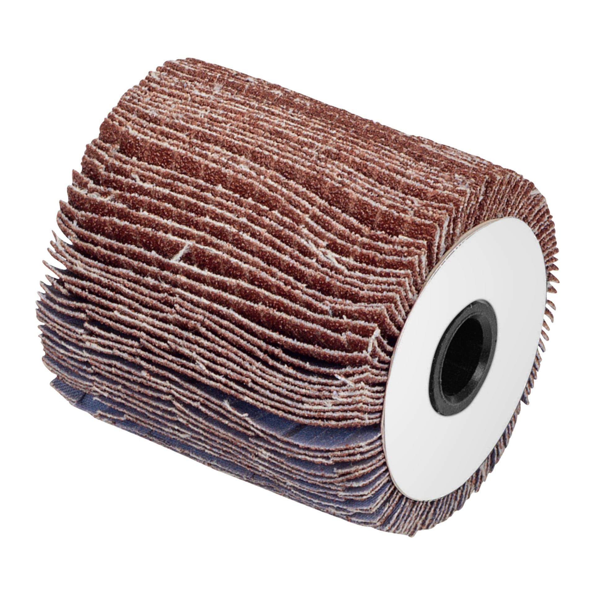 Nahaufnahme einer Meec Tools Flap Disc für eine Poliermaschine, die ihre zylindrische Form mit mehreren Schichten Schleifpapierklappen, einer weißen zentralen Scheibe und einem Loch in der Mitte zur Befestigung zeigt, die für Oberflächenbearbeitung und Schleifarbeiten gedacht ist.