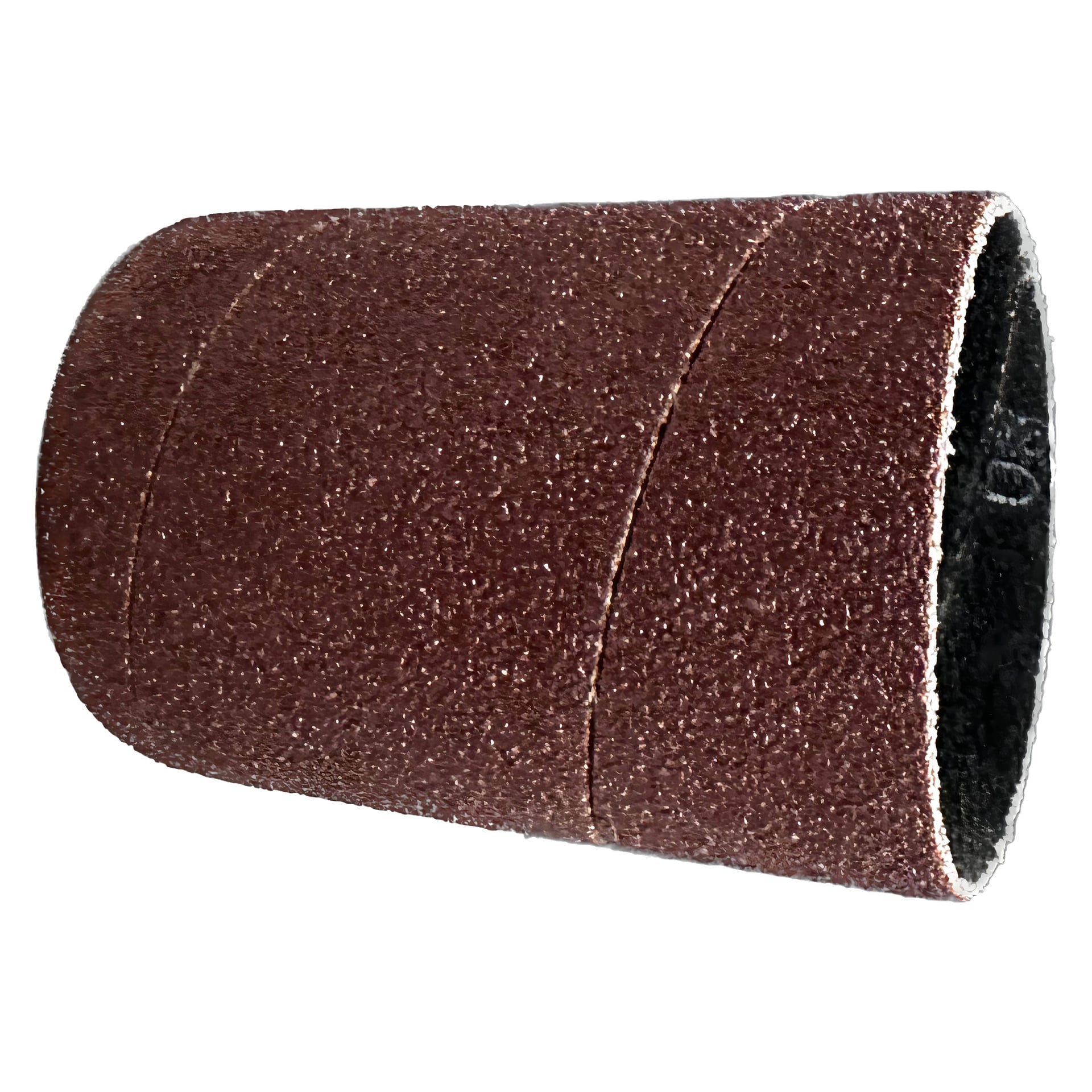 Eine detaillierte Ansicht der Meec Tools Schleifwalze für Poliermaschinen (2-Pack), die ihre zylindrische Form und die grobe braune Schleiffläche zeigt, geeignet zum Raffinieren oder Formen von Materialien in Holz- und Metallbearbeitungsprojekten.