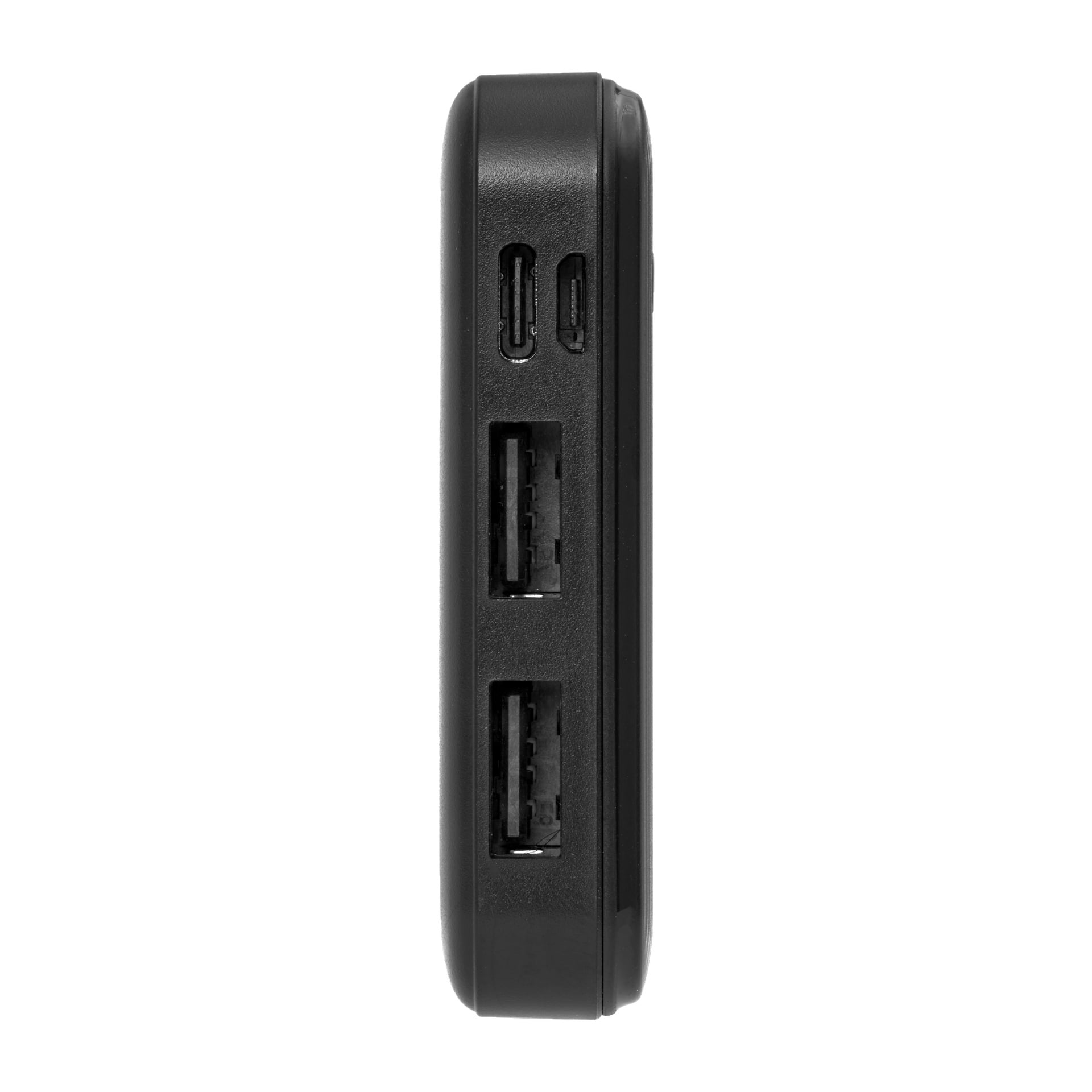 Ansluts Powerbank visas från sidan i vertikal riktning, med en slank svart design med två USB-A-portar, en USB-C-port och en micro-USB-port synlig.