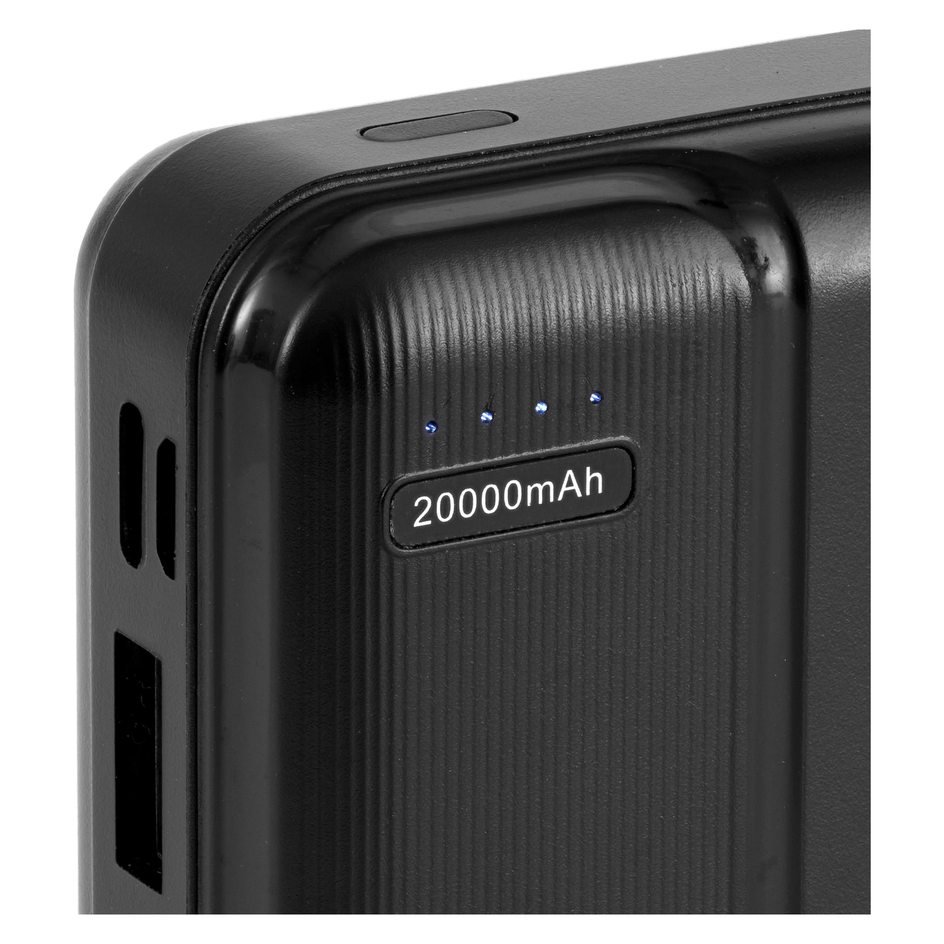 Detaillierte Ansicht einer schwarzen Anslut Powerbank mit einem 20.000-mAh-Label. Das Gerät zeigt vier leuchtende blaue Indikatorleuchten und sichtbare USB-Anschlüsse an der Seite an. Die Außenseite hat ein feines geripptes Muster.