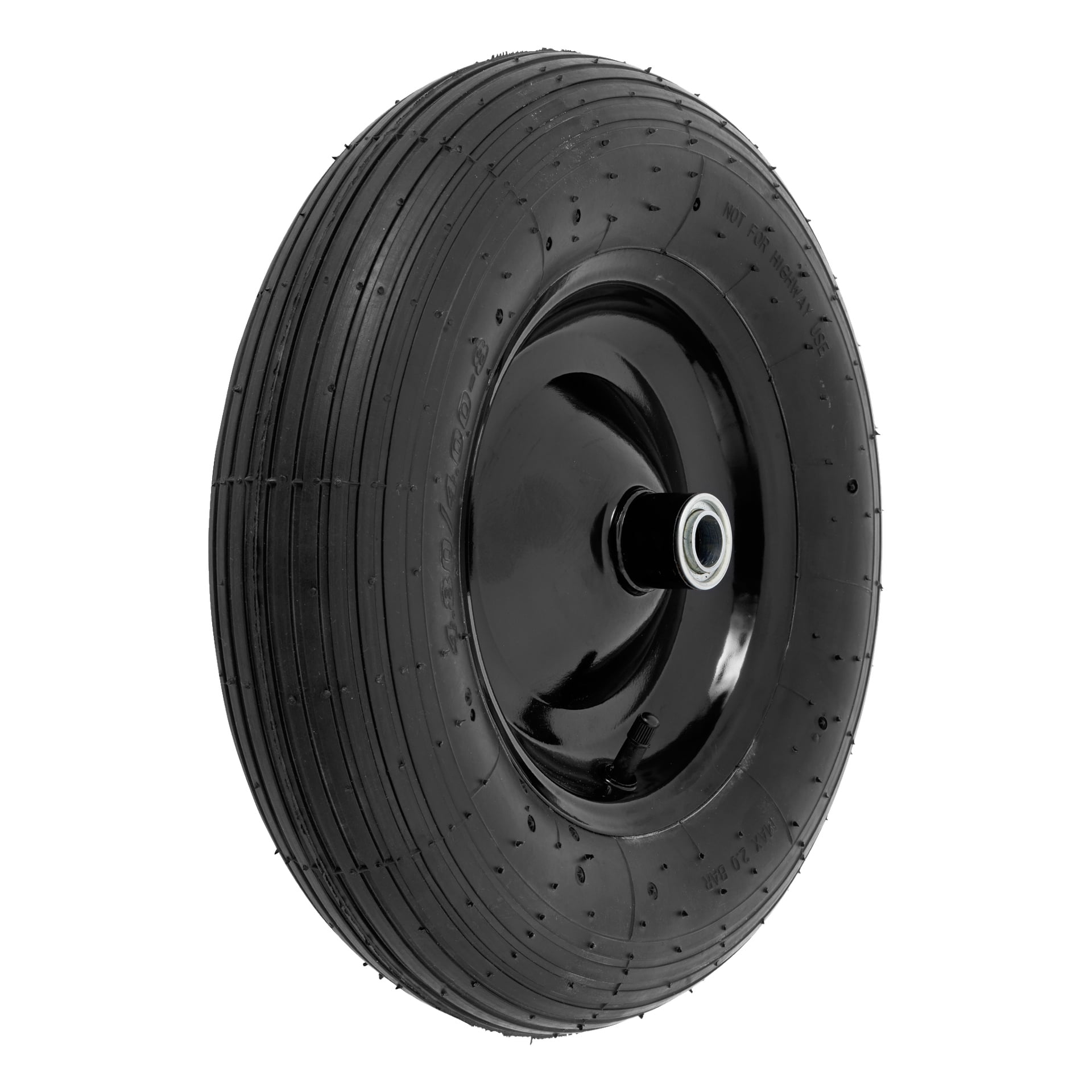 Ett gummihjul från Hamron Pneumatic står upprätt och visar sitt svarta däck med tydliga löpbanor och små gummispetsar. Hjulet har ett metallnav med ett mitterligt hål.