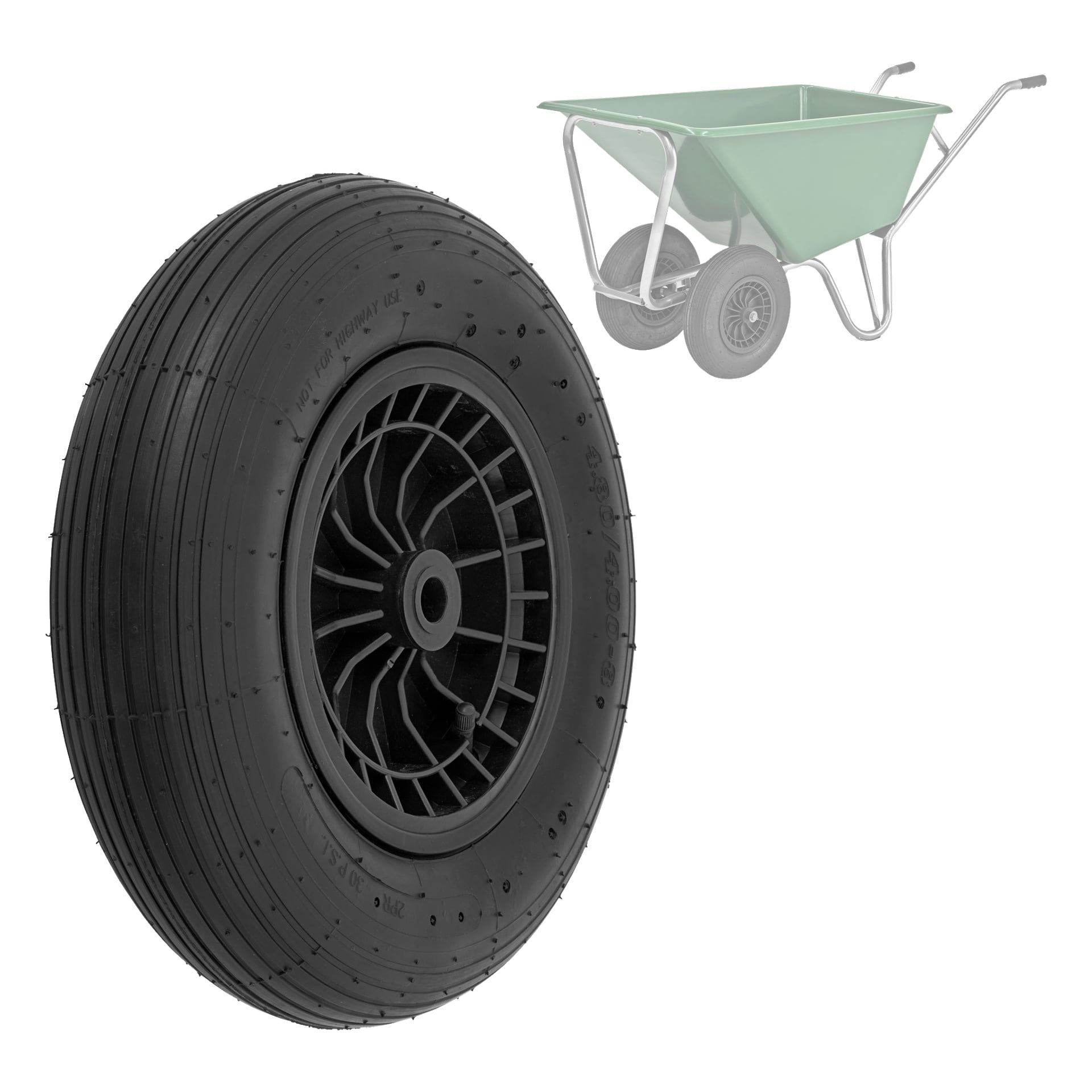Ett framträdande gummihjul från Hamron Pneumatic med ett tydligt mönster syns på nära håll, med en svag grön skottkärra med två hjul och metallhandtag synlig i bakgrunden.