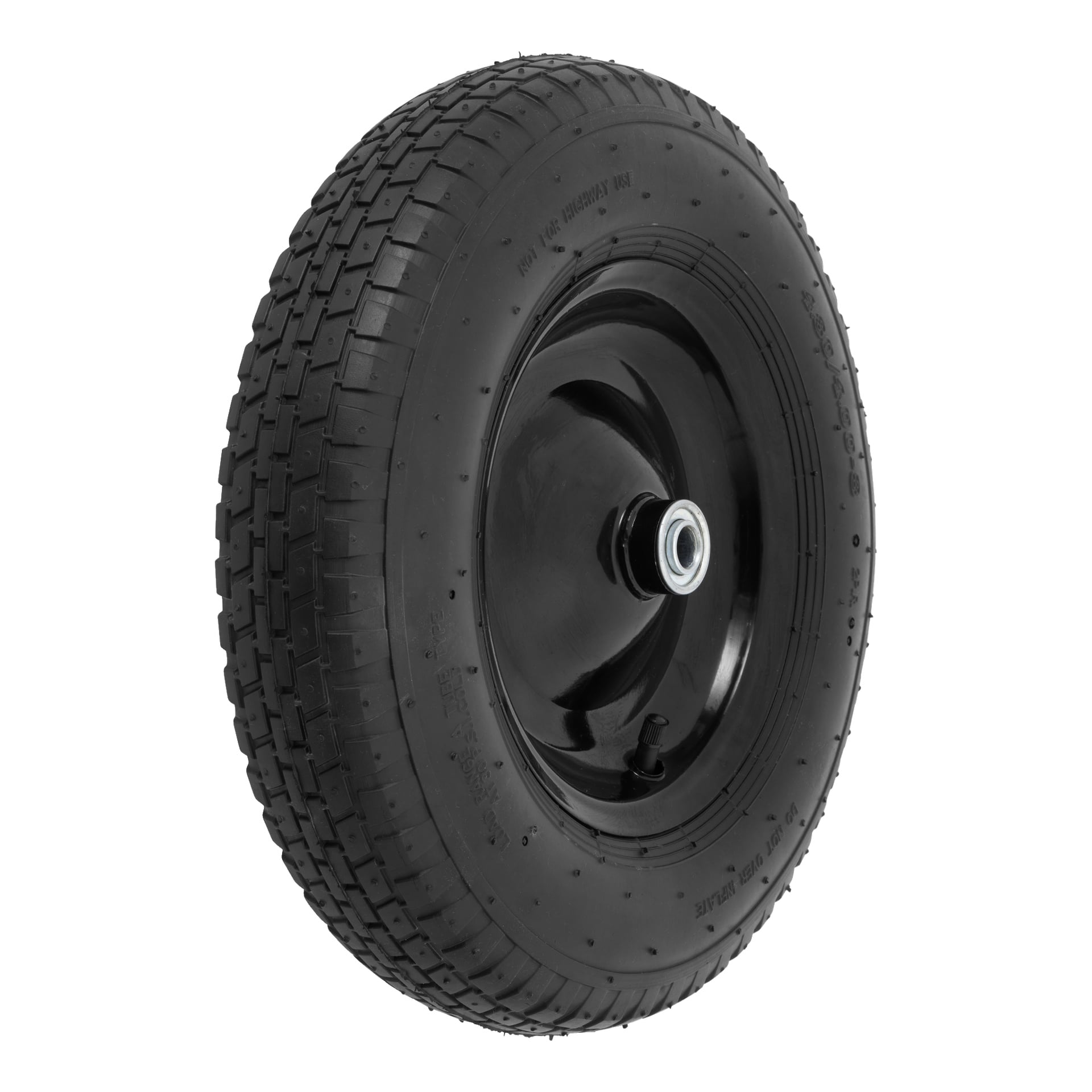 Ett Hamron Pneumatic gummihjul med svart, texturerat mönster och metallfälg är placerat i en lätt vinkel. Den centrala navet visar ett synligt metalllager.