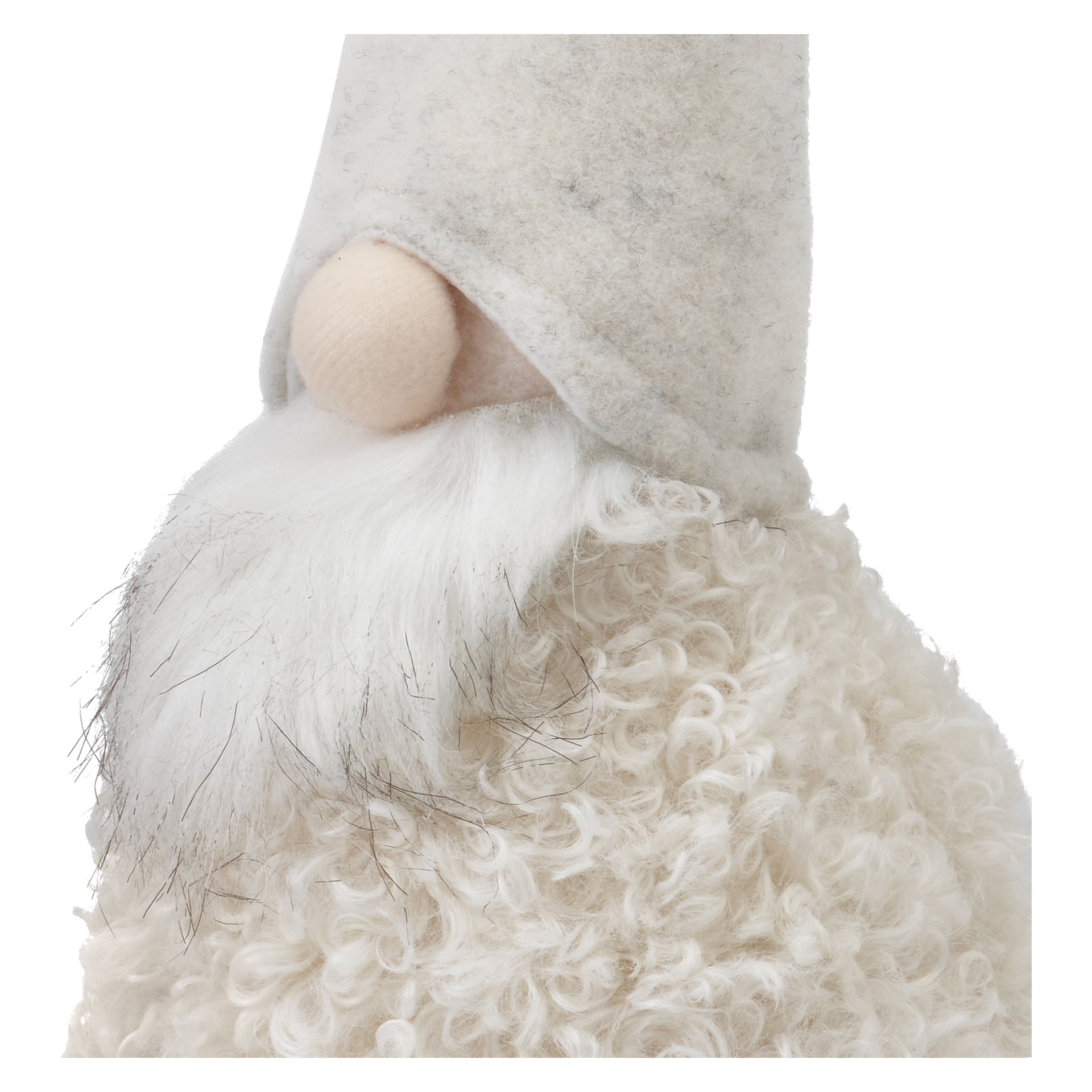 Et nærbilde av EKVIP-nissen viser en høy lys beige hatt som dekker øynene, rund nese, et blandet hvitt og mørkt skjegg, og en lodden, off-white krøllete kropp.