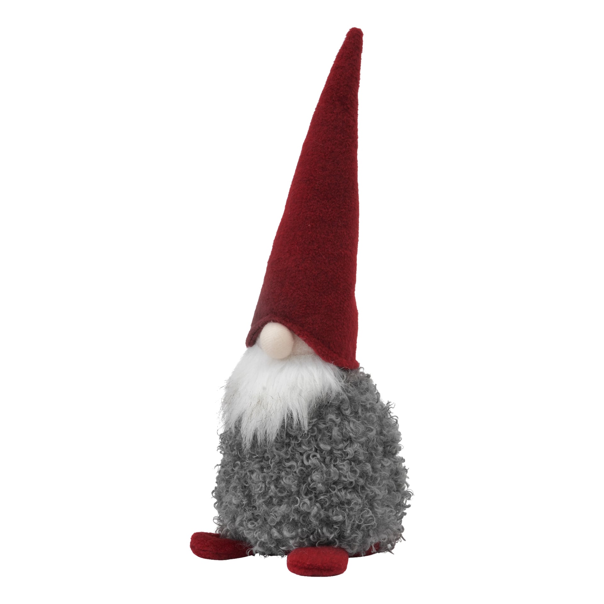 EKVIP Santa: Pehmolelunukke, jolla on pitkä punaterävä hattu, pyöreä nenä, kihara valkoinen parta, harmaa vartalo ja punaiset jalat, istuu pystyasennossa.