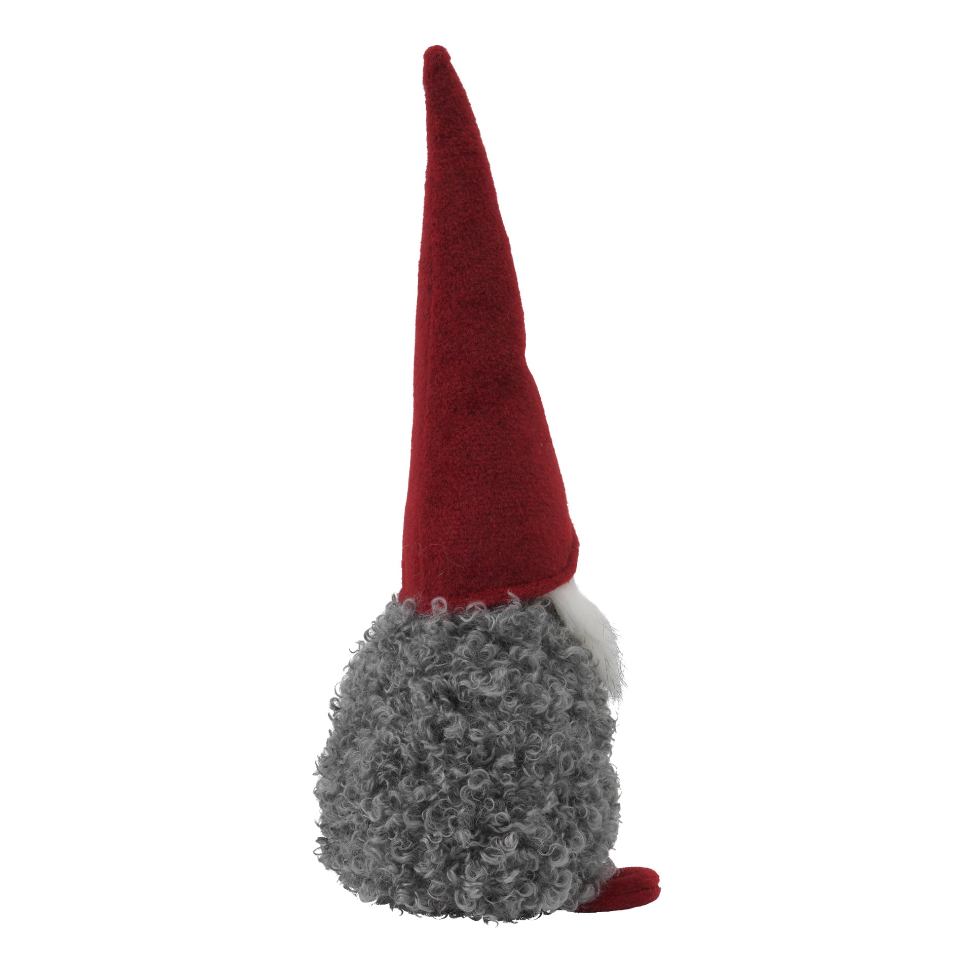 EKVIP Santa esittää pehmeän kääpiön, jolla on pitkä punainen hattu, pitkä valkoinen parta ja pyöreä, kiharmaa vartalo, profiilissa oikealle päin.