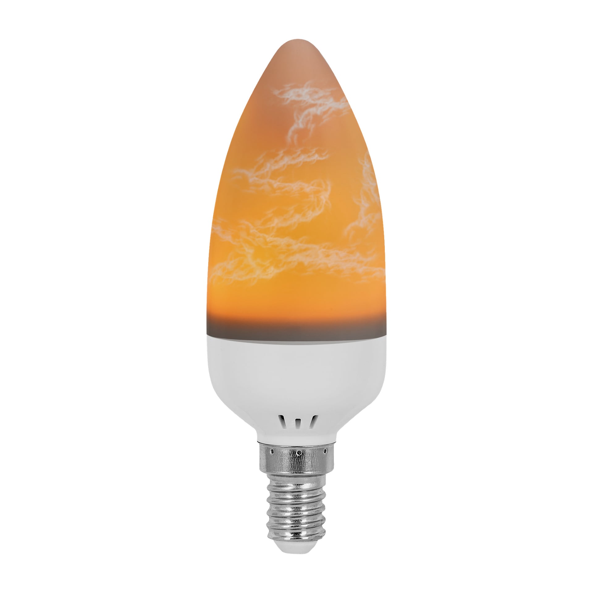 Anslut Flame Bulb LED har en flamformad glasdesign med en orange gradient och virvlande, molnliknande mönster inuti. Den är utrustad med en standardskruvbas.