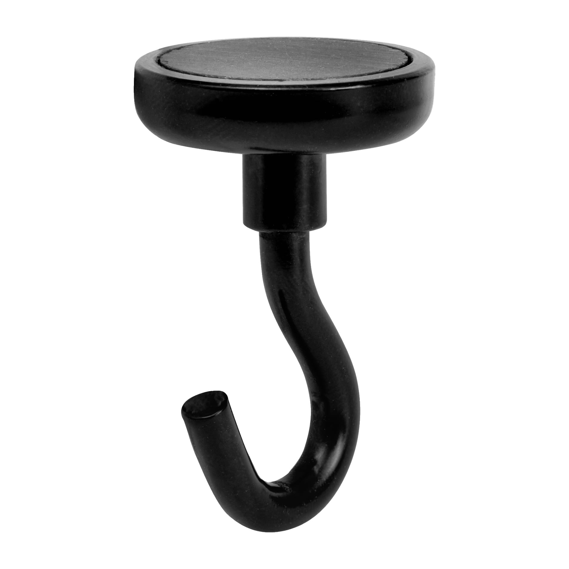 Hard Head Hooks magnetiske feste 2-pack inkluderer to svarte metallkroker med en rund flat topp og en buet krok under, ideelt for å henge gjenstander sikkert på metalloverflater.