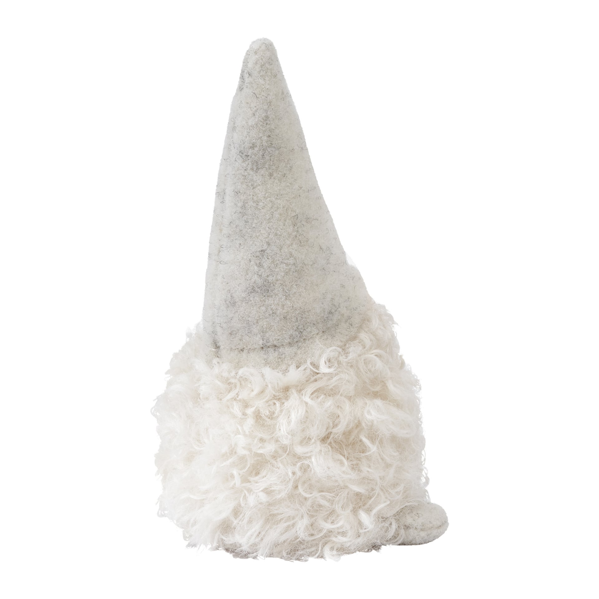 En liten tomtefigur av EKVIP med en hög, spetsig ljusgrå hatt och ett mjukt, fluffigt vitt skägg. Ansiktet är dolt, och figuren ser ut att vara gjord av ett mjukt, filtliknande material.