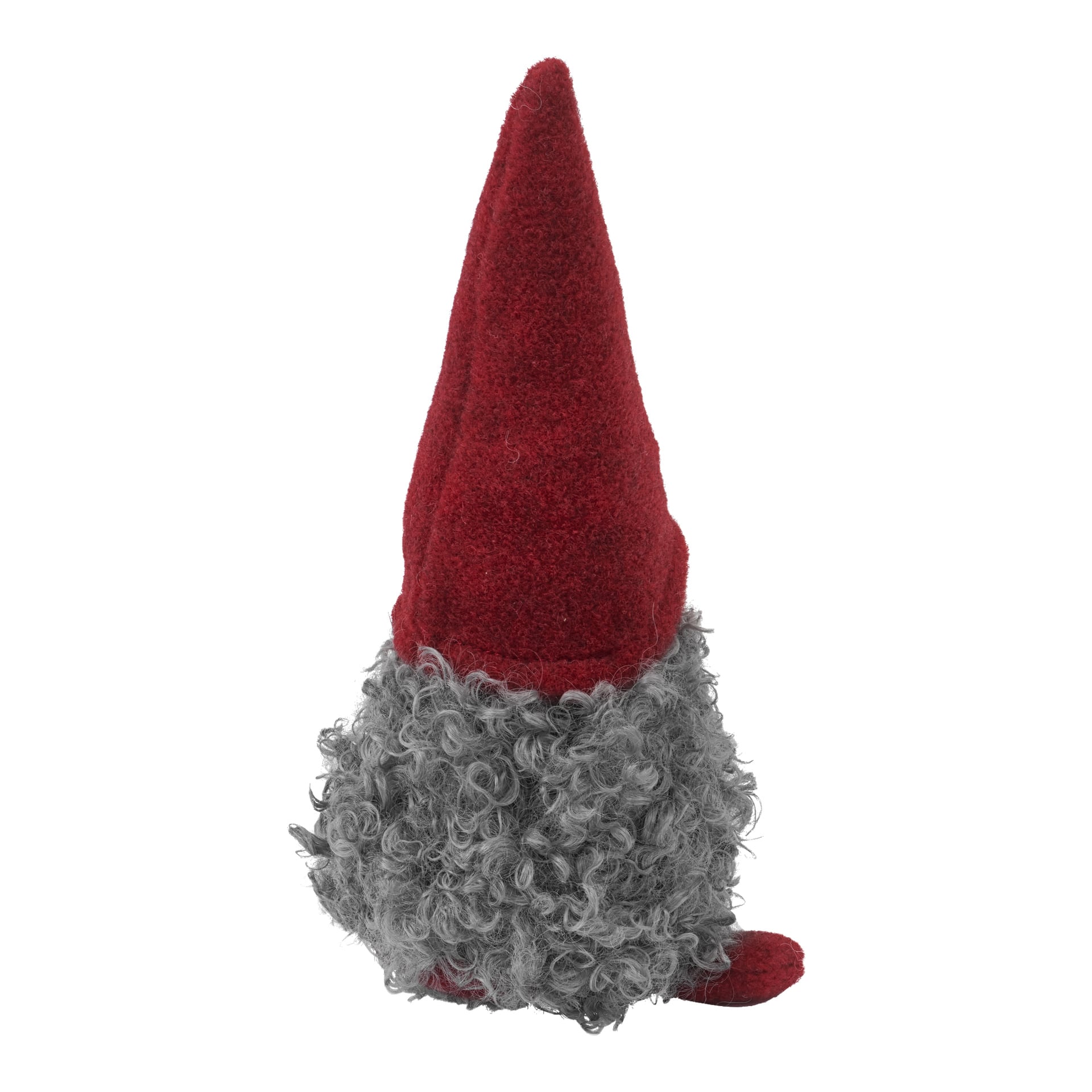 En EKVIP "Santa"-figur med en hög, spetsig röd hatt och ett stort, lockigt grått skägg, utan synliga ansiktsdrag.